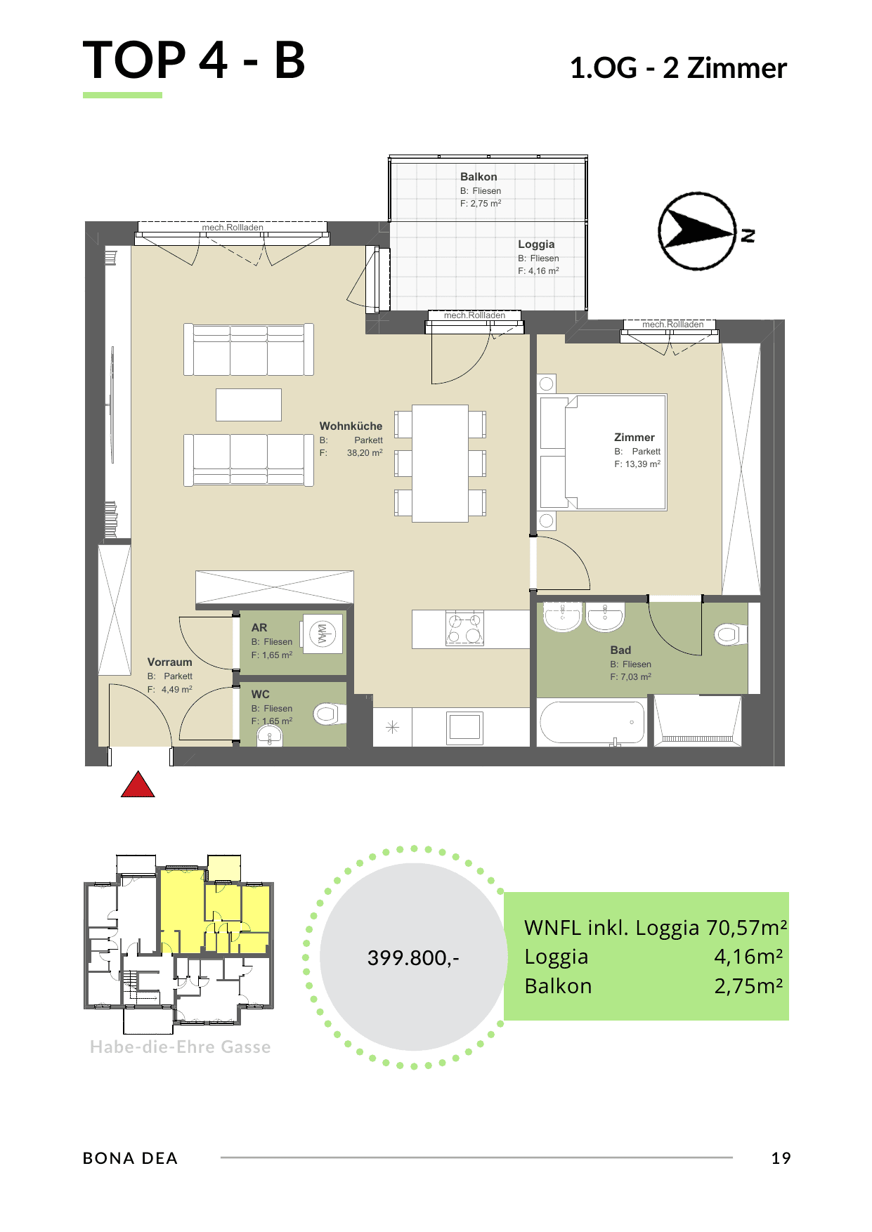 Grundriss Top 4 - Var B — Bona Dea — 2 Zimmer — 70,6 m² — 1st floor