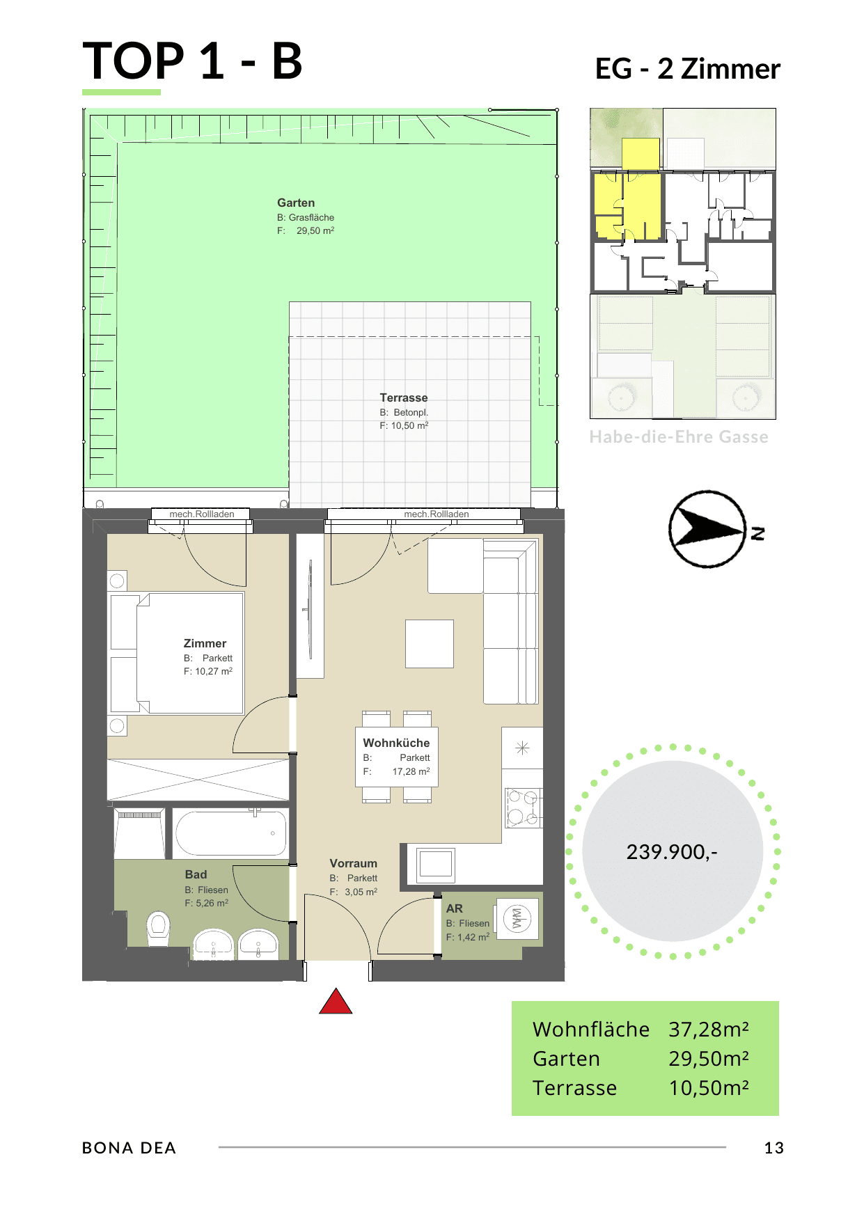 Grundriss Top 1 - Var B — Bona Dea — 2 Zimmer — 37,3 m² — Ground floor