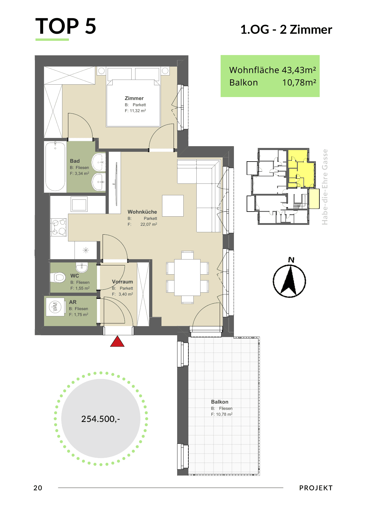 Grundriss Top 5 — Bona Dea — 2 Zimmer — 43,4 m² — 1st floor