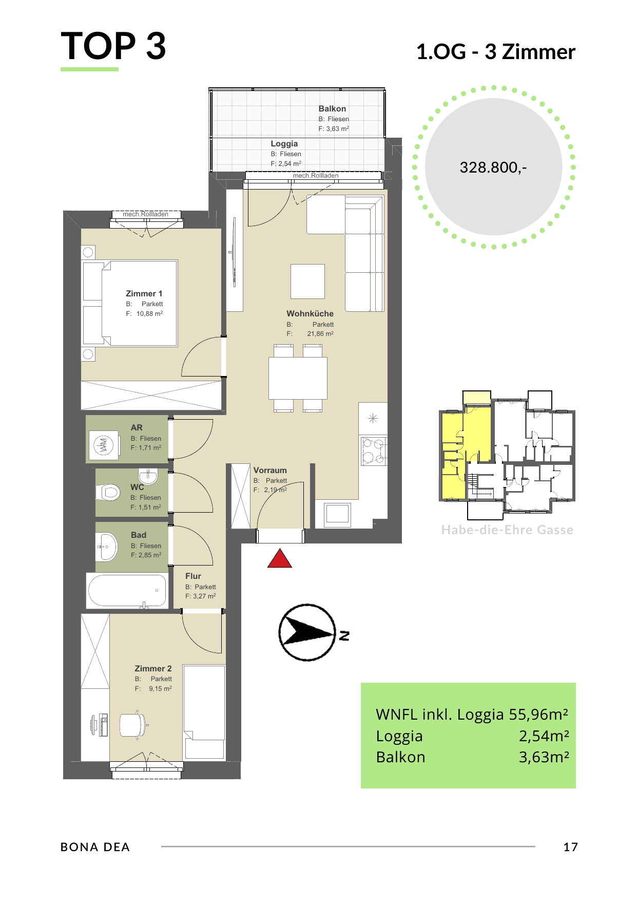 Grundriss Top 3 — Bona Dea — 3 Zimmer — 56 m² — 1st floor