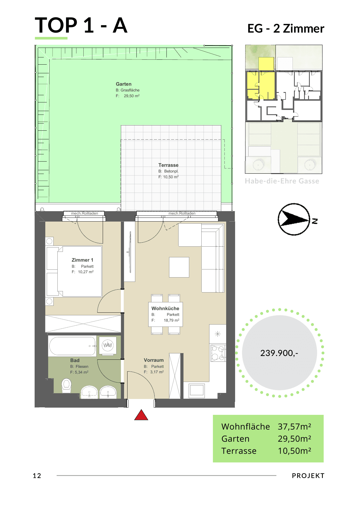 Grundriss Top 1 - Var A — Bona Dea — 2 Zimmer — 37,6 m² — Ground floor