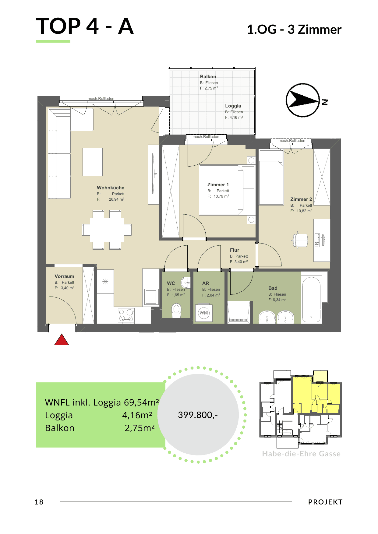 Grundriss Top 4 - Var A — Bona Dea — 3 Zimmer — 69,5 m² — 1st floor