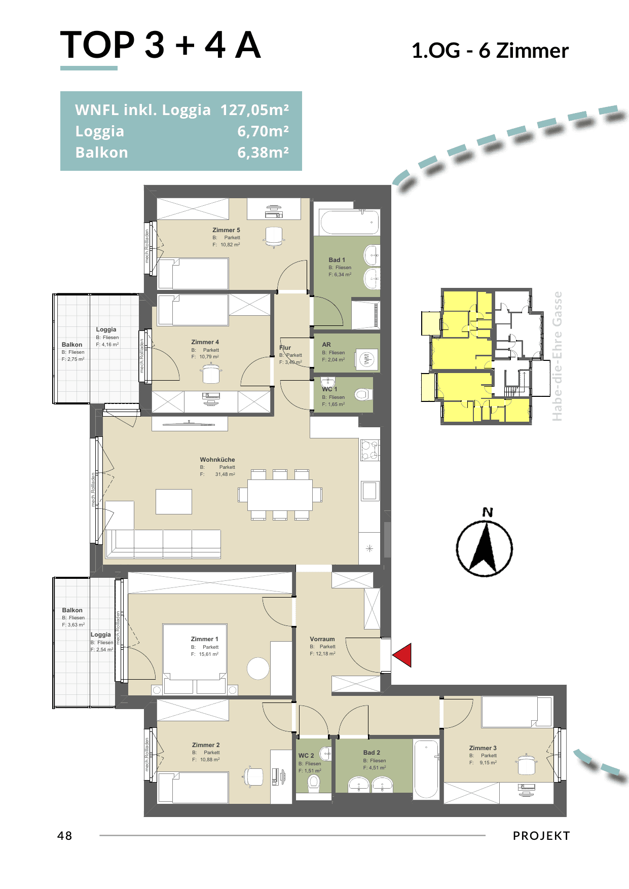 Grundriss Top 3+4 - Var A — Bona Dea — 6 Zimmer — 127,1 m² — 1st floor