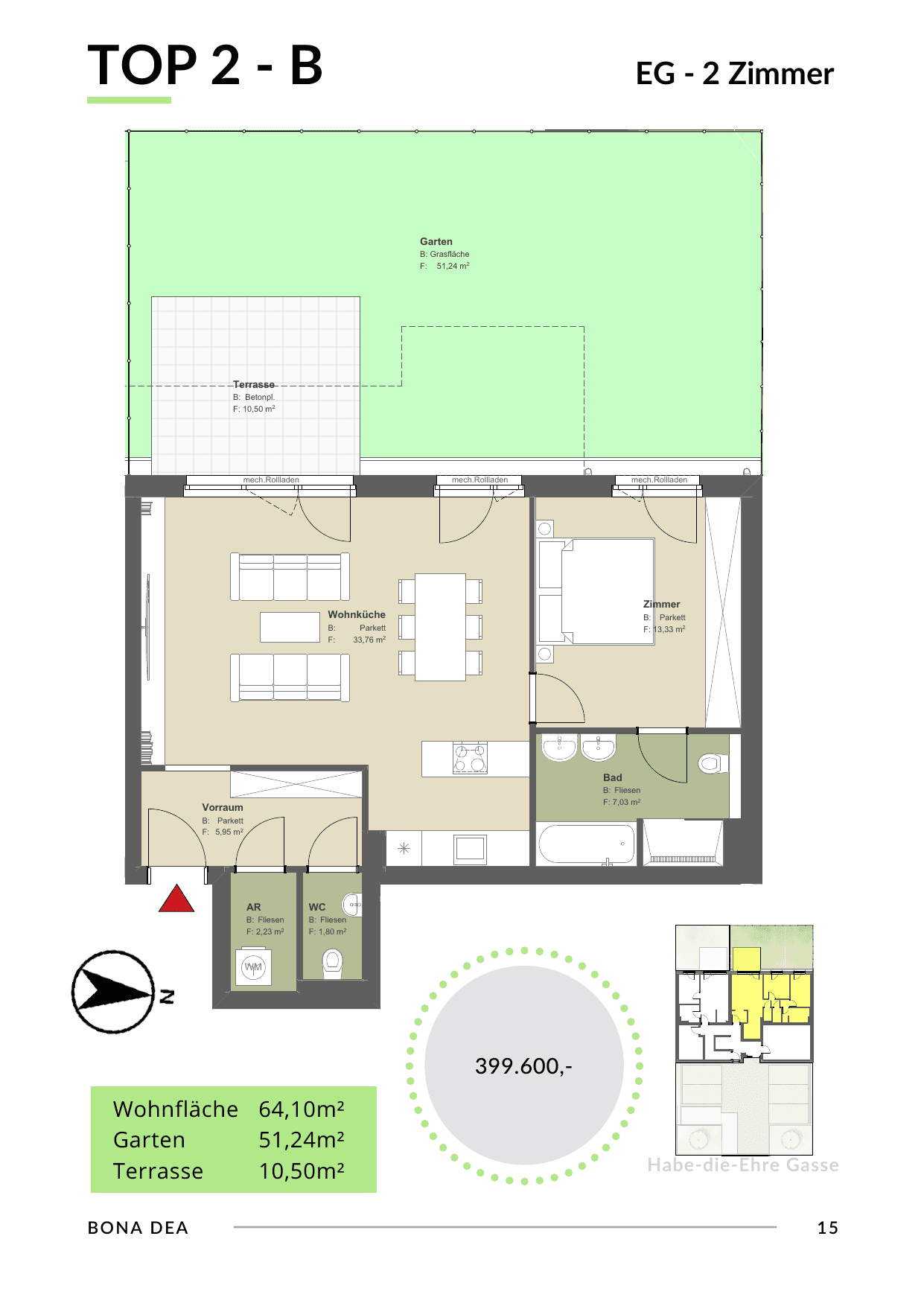 Grundriss Top 2 - Var B — Bona Dea — 3 Zimmer — 64,1 m² — Ground floor