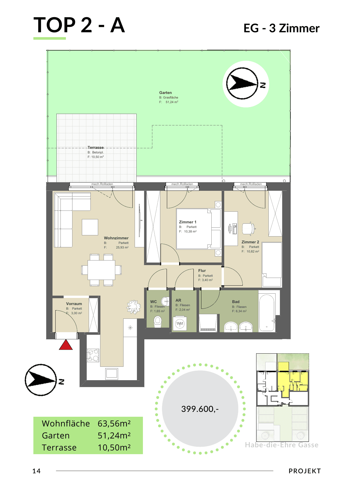 Grundriss Top 2 - Var A — Bona Dea — 3 Zimmer — 63,6 m² — Ground floor