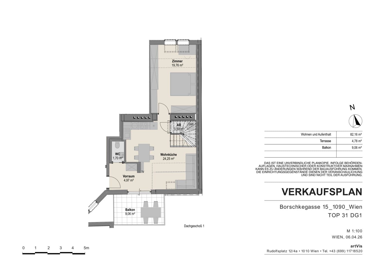 Grundriss Top 31 — Borschkegasse 15 — 3 Zimmer — 82 m² — 1st attic floor — Grundriss 1/2