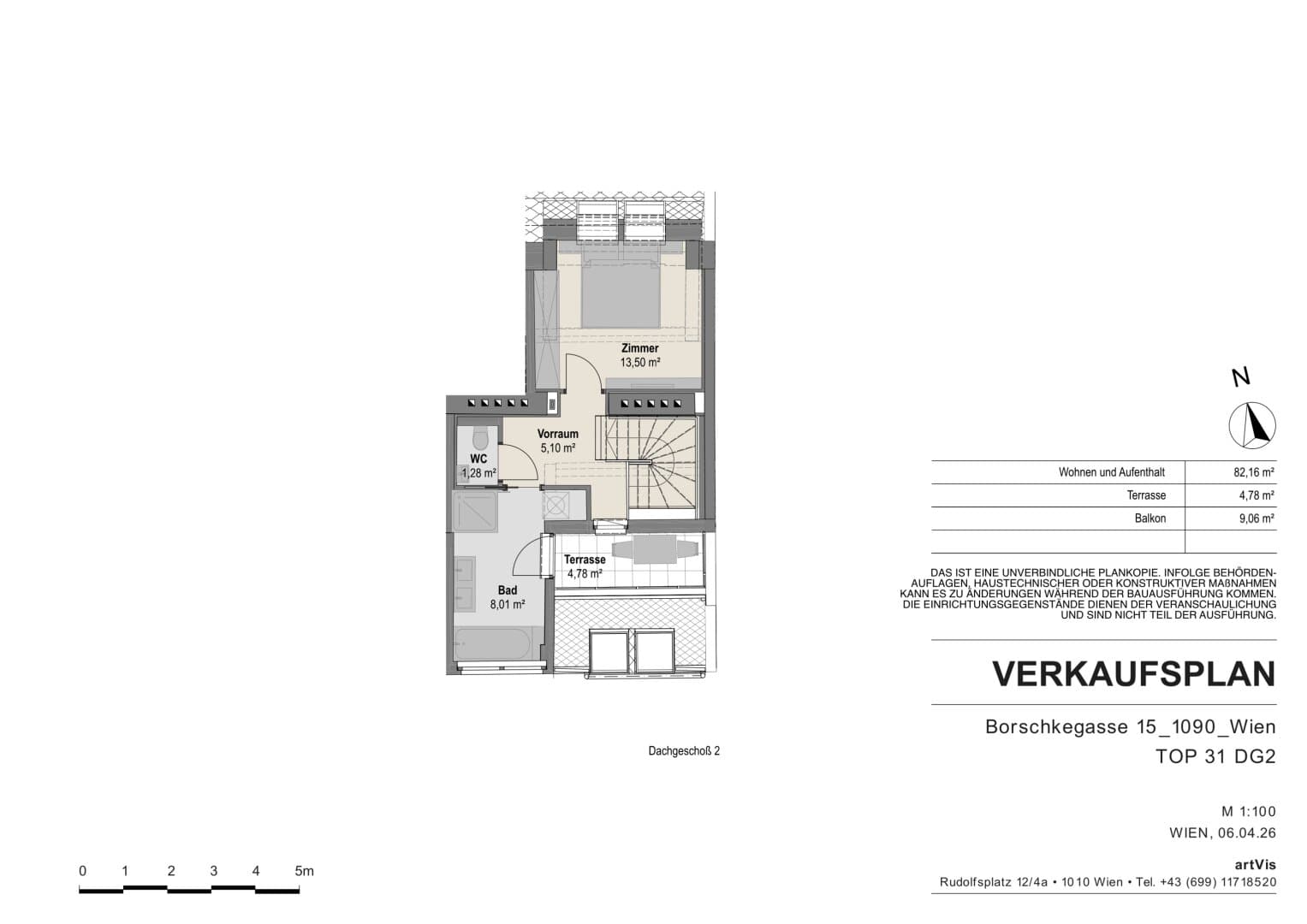 Grundriss Top 31 — Borschkegasse 15 — 3 Zimmer — 82 m² — 1st attic floor — Grundriss 2/2