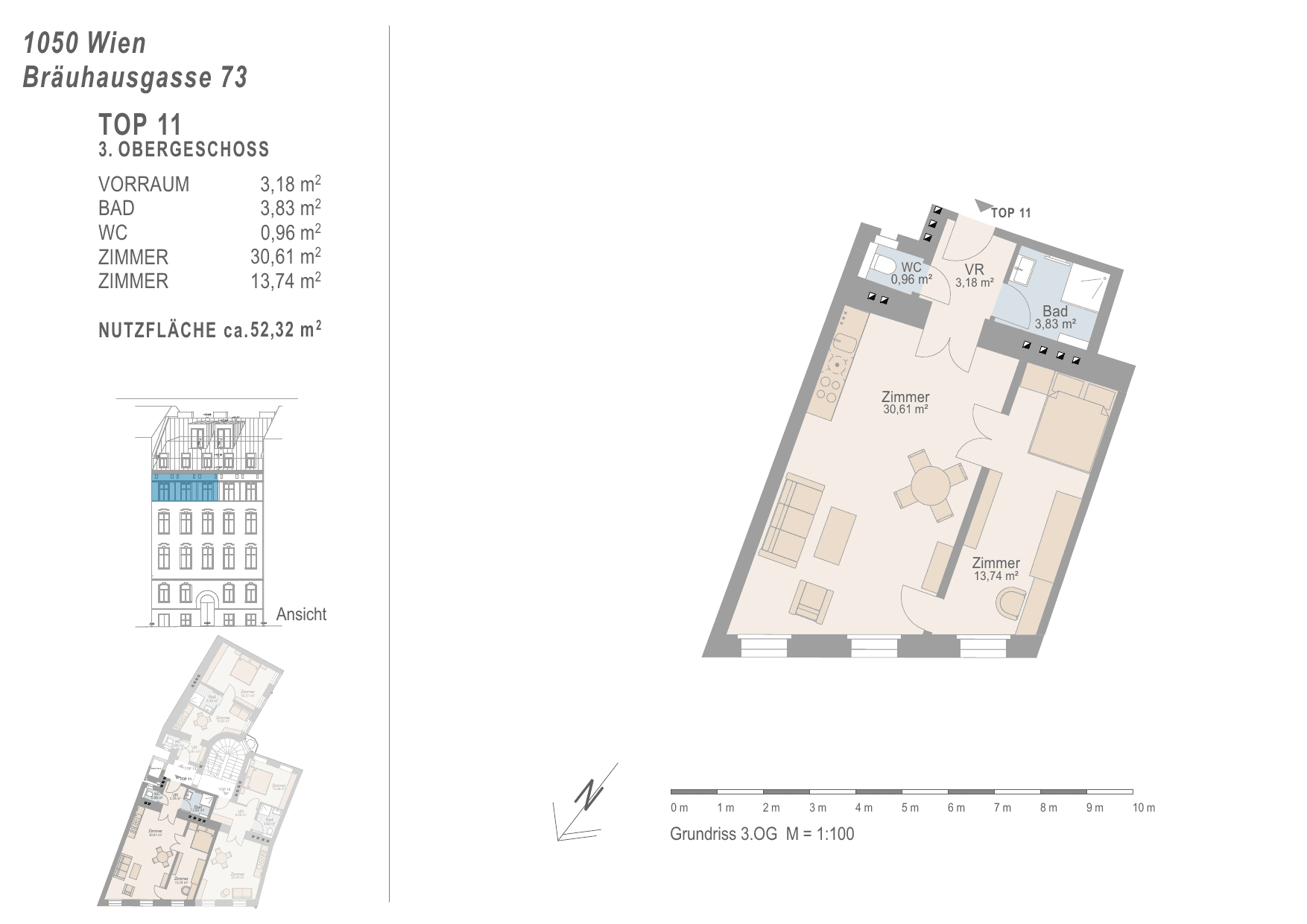 Grundriss Top 11 — Urban Classic 73 — 2 Zimmer — 52,3 m² — 3rd floor