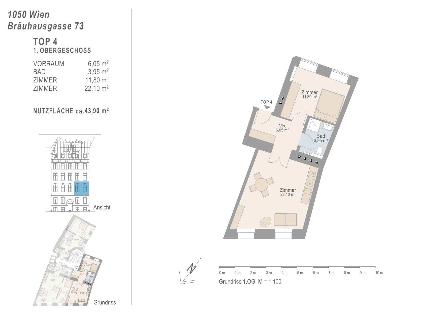 Grundriss Top 4 — Urban Classic 73 — 2 Zimmer — 43,9 m² — 1st floor