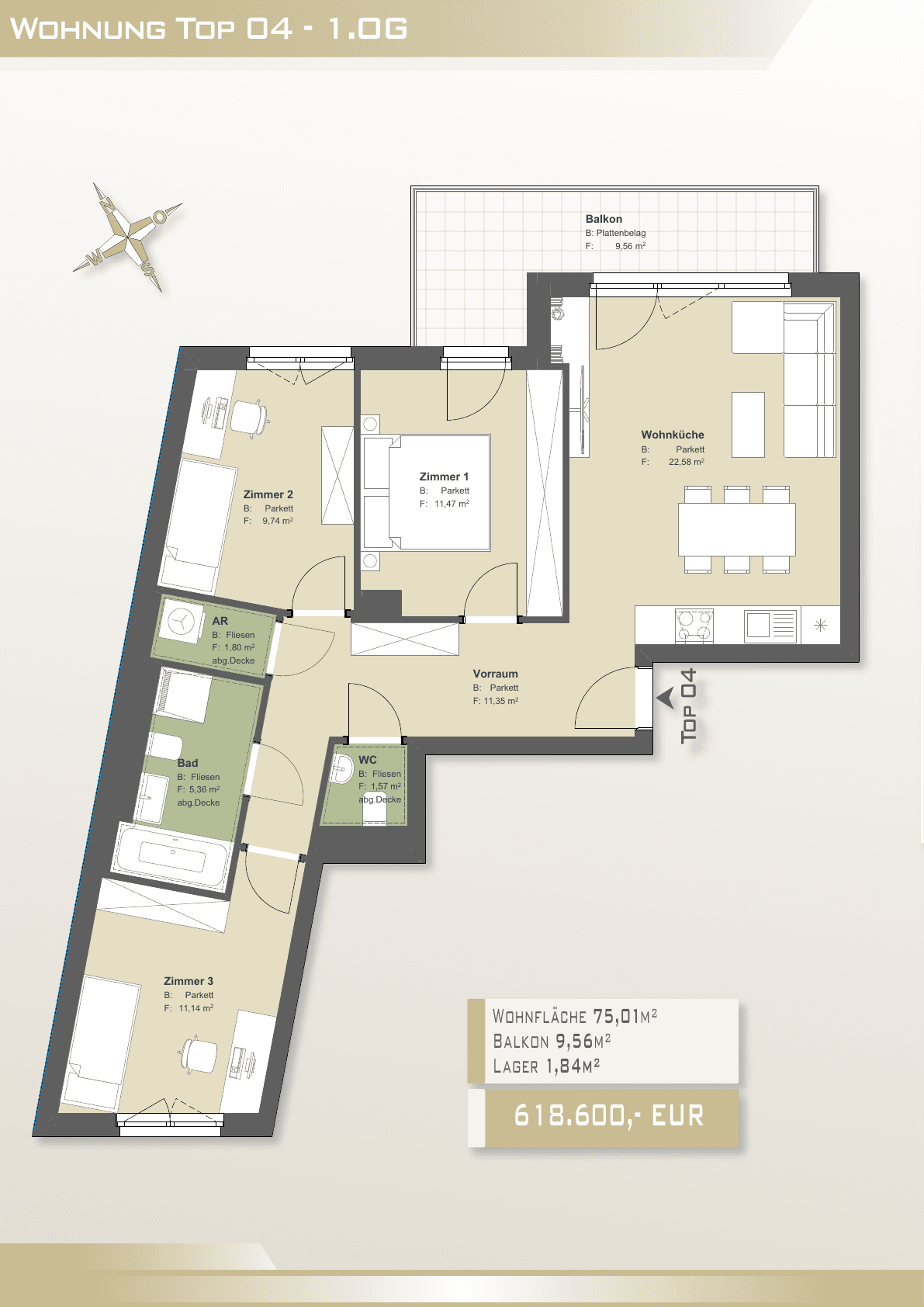 Grundriss Top 04 — Brienne — 4 Zimmer — 74,9 m² — 1st floor