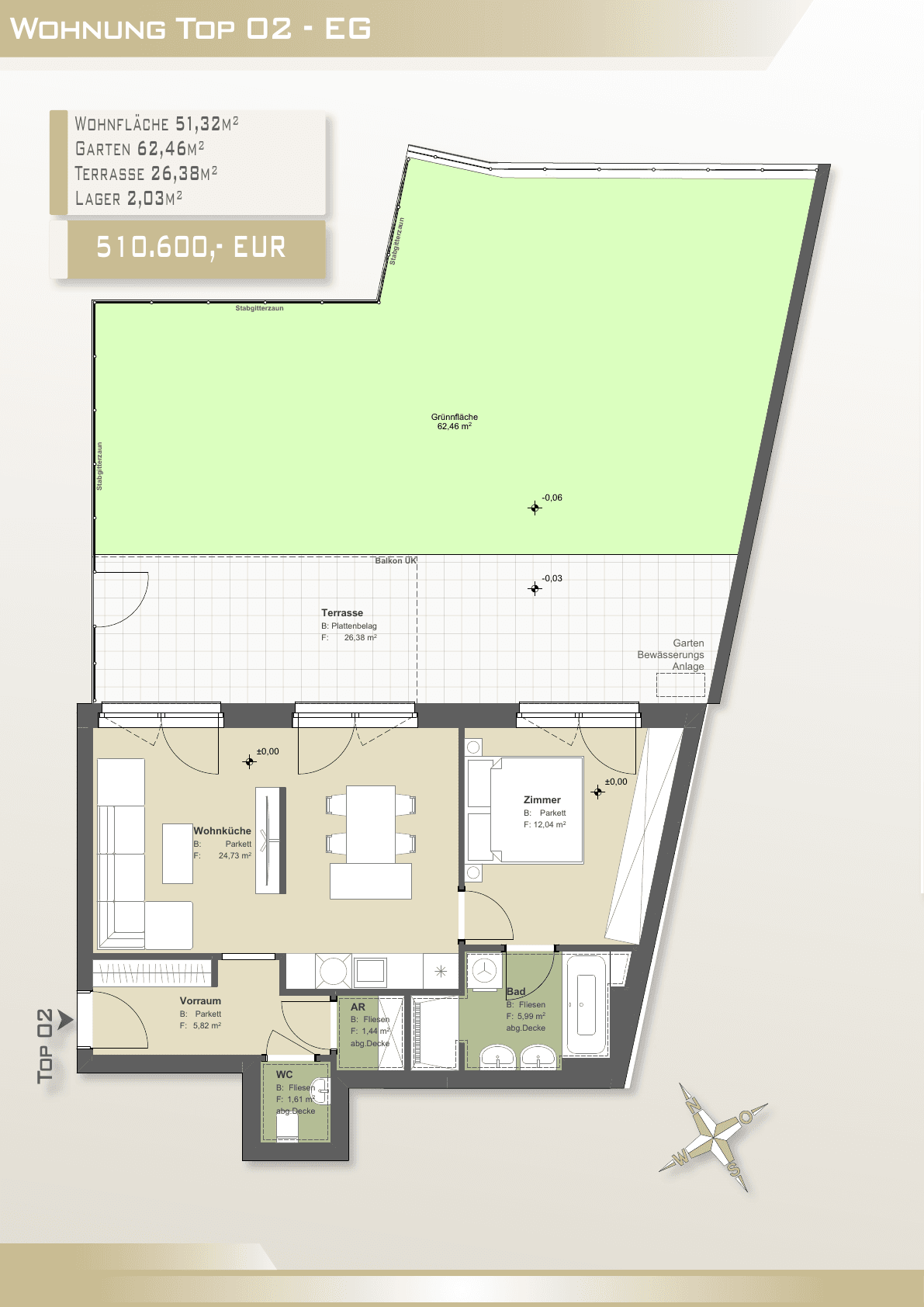 Grundriss Top 02 — Brienne — 2 Zimmer — 51,3 m² — Ground floor