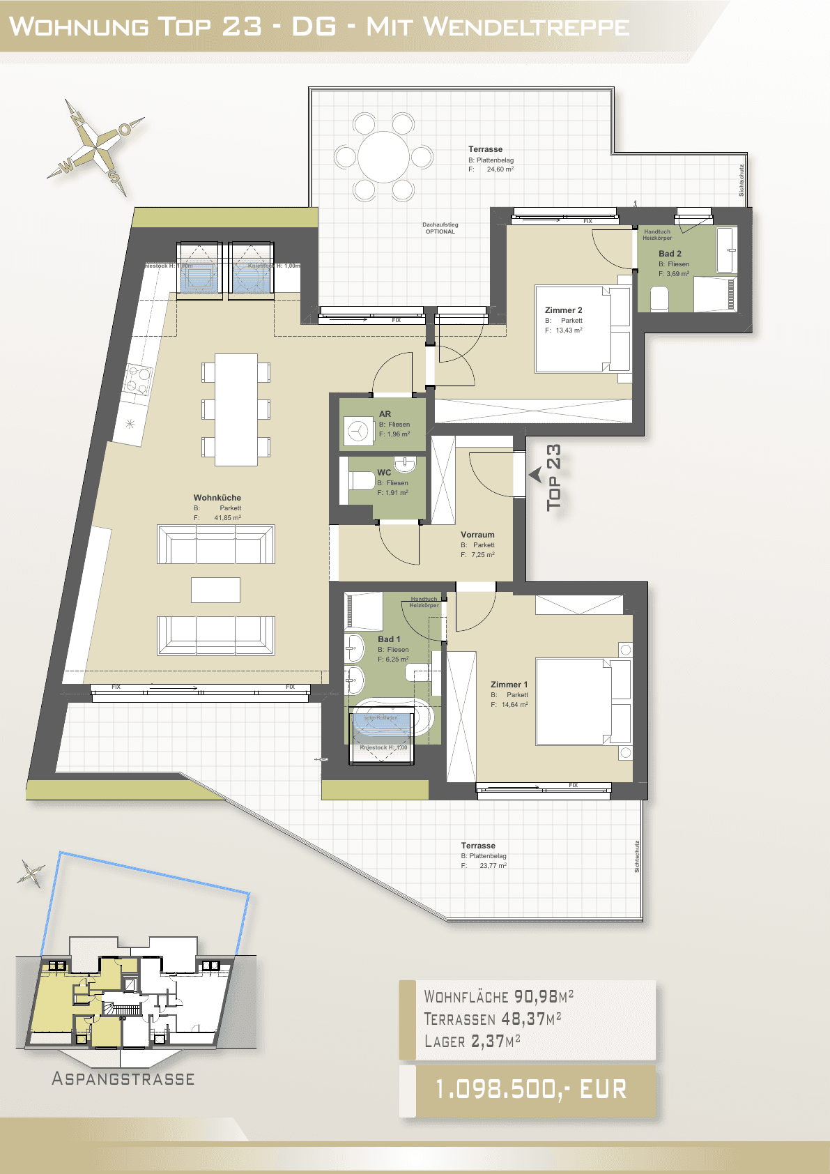 Grundriss Top 23 — Brienne — 3 Zimmer — 91 m² — Attic floor