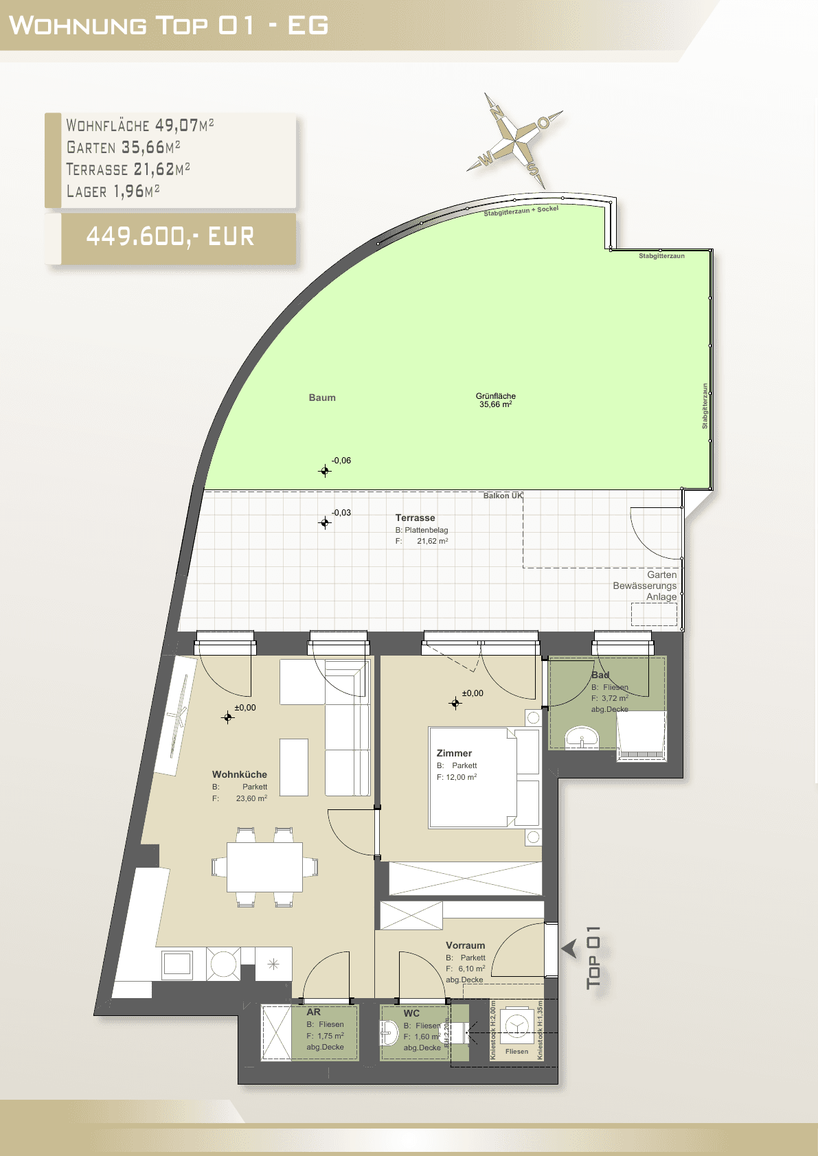 Grundriss Top 01 — Brienne — 2 Zimmer — 48,9 m² — Ground floor