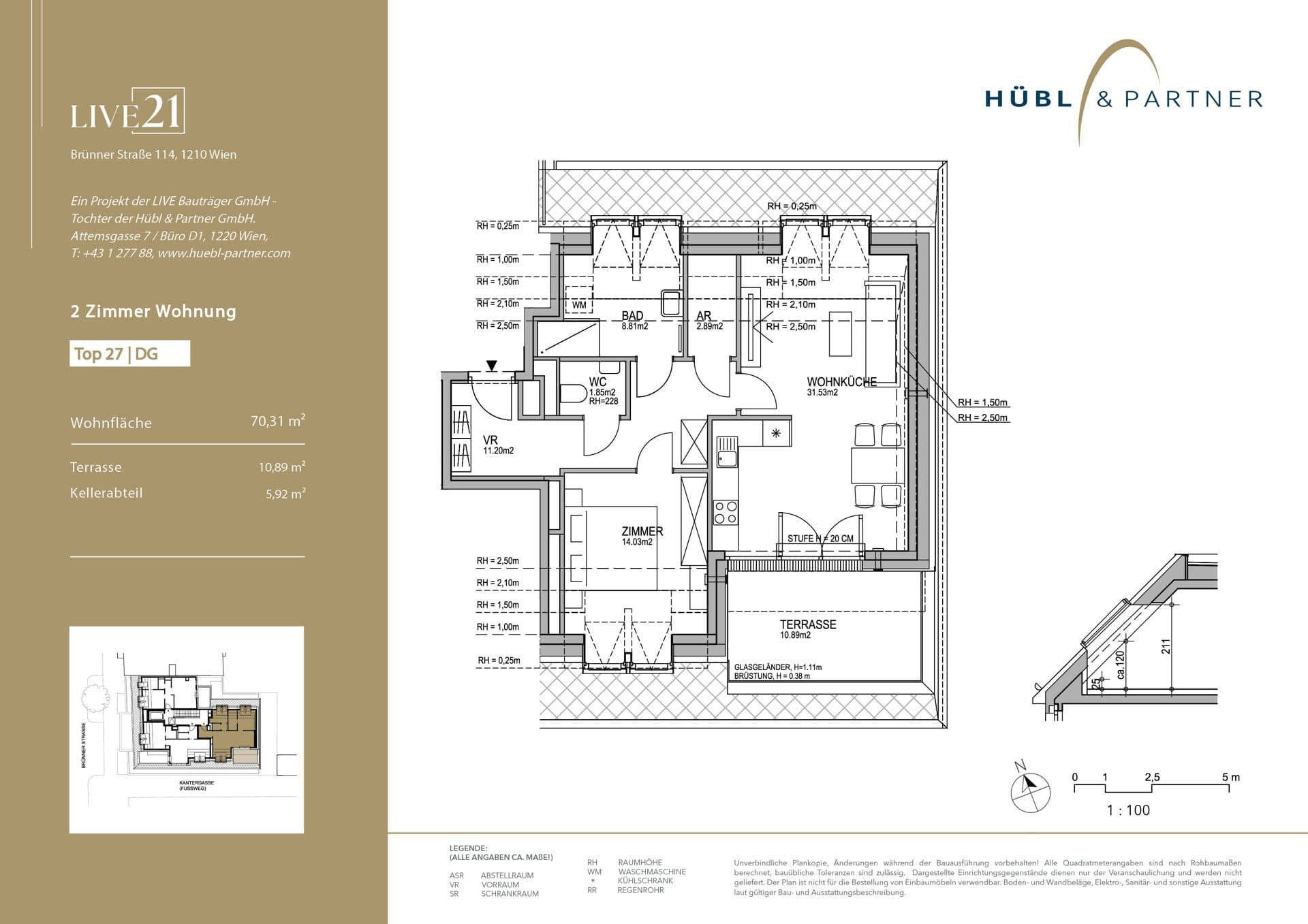 Grundriss Top 27 — LIVE21 — 2 Zimmer — 70,3 m² — 6th floor / Attic floor — Terrasse, Terrasse