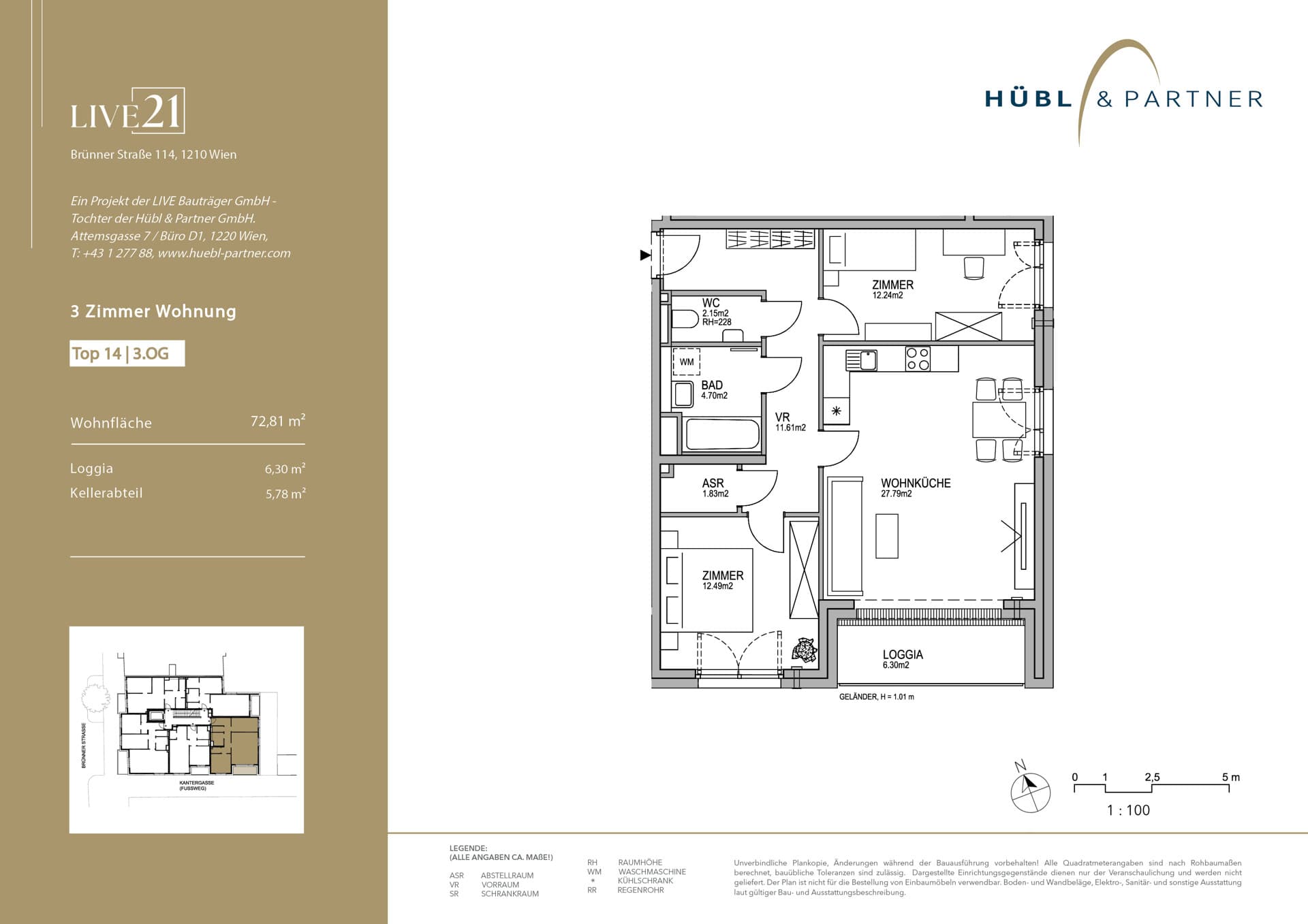 Grundriss Top 14 — LIVE21 — 3 Zimmer — 72,8 m² — 3rd floor — Loggia, Loggia
