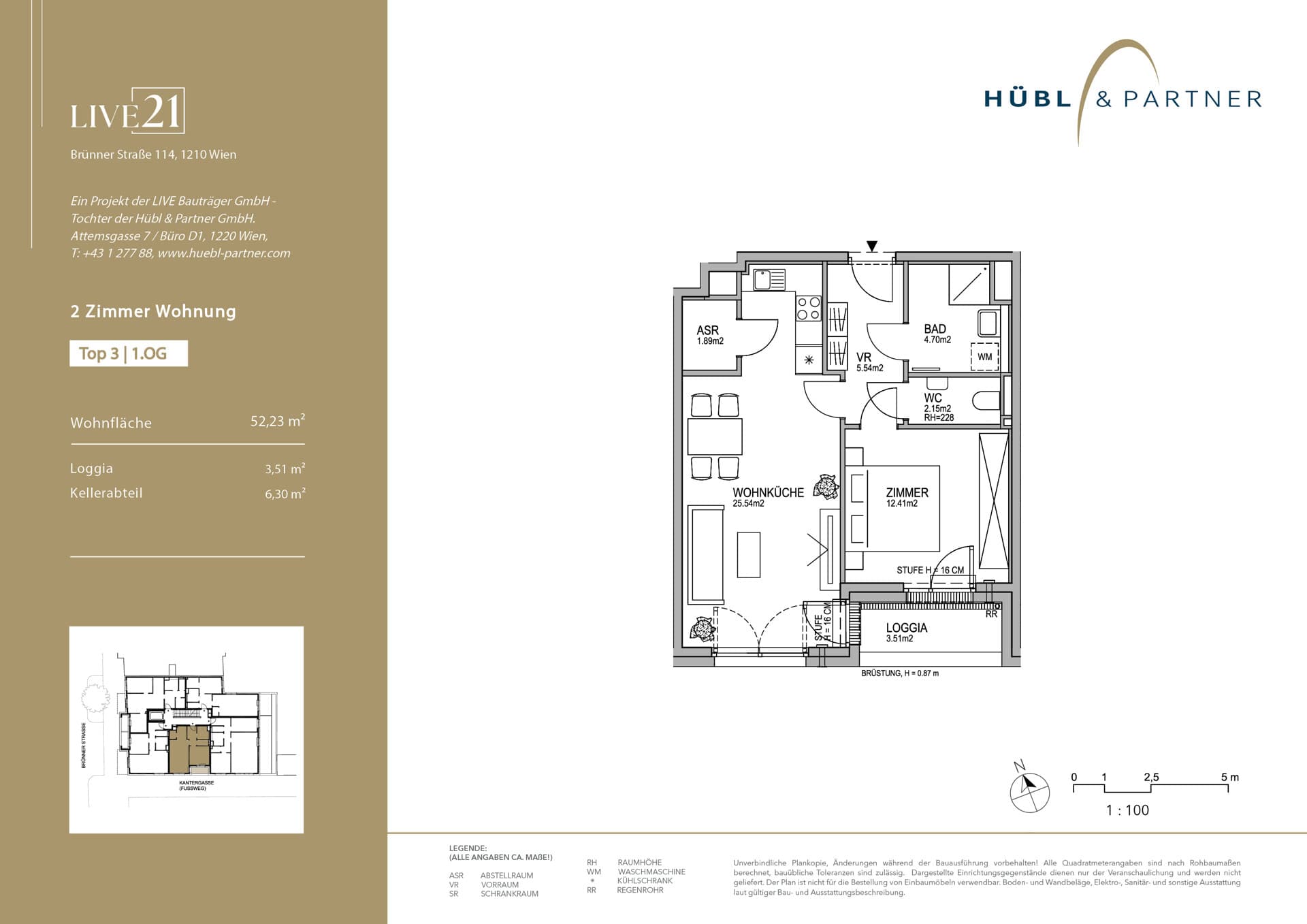 Grundriss Top 03 — LIVE21 — 2 Zimmer — 52,2 m² — 1st floor — Loggia, Loggia