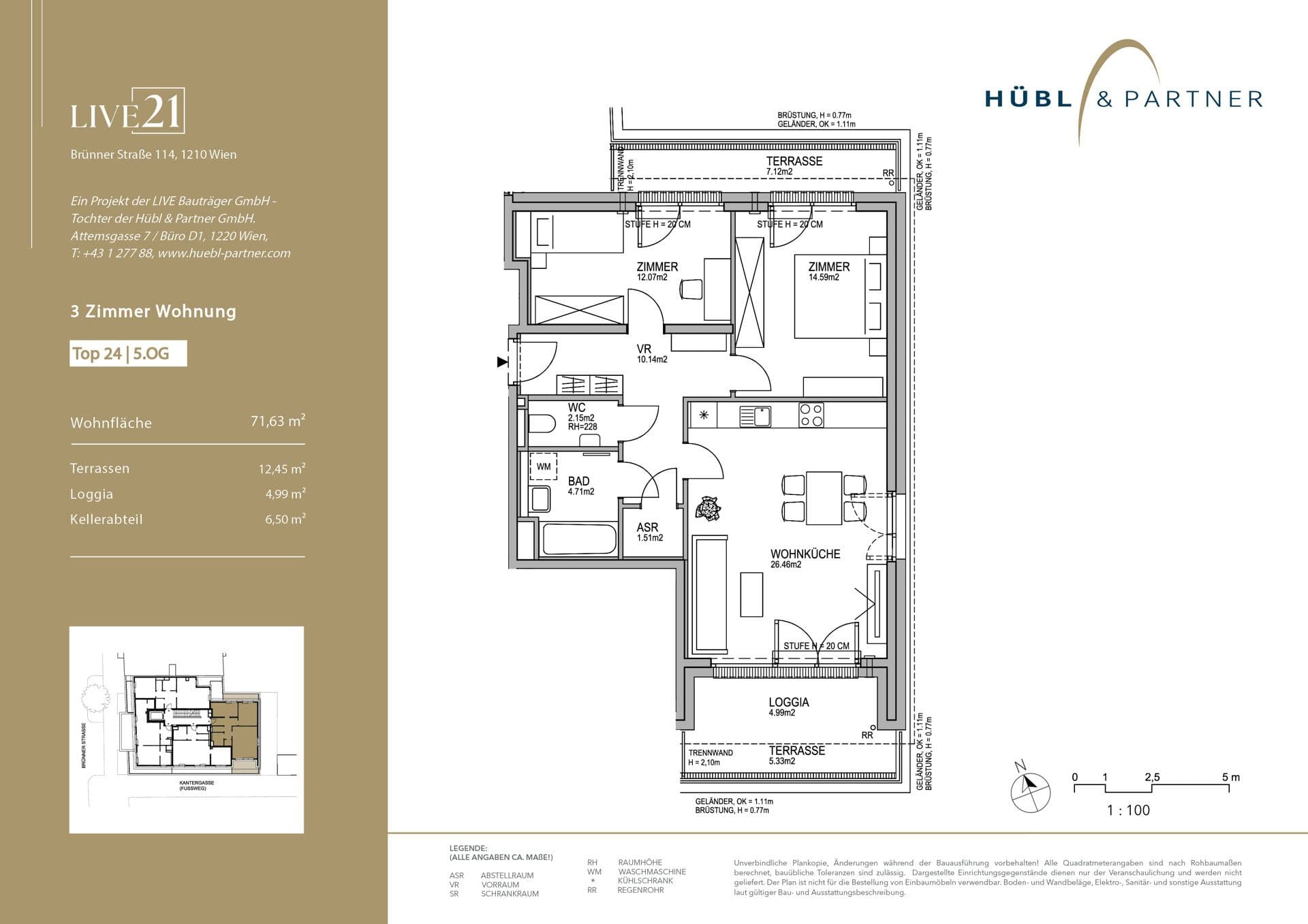 Grundriss Top 24 — LIVE21 — 3 Zimmer — 71,6 m² — 5th floor — Loggia, Loggia, Terrasse