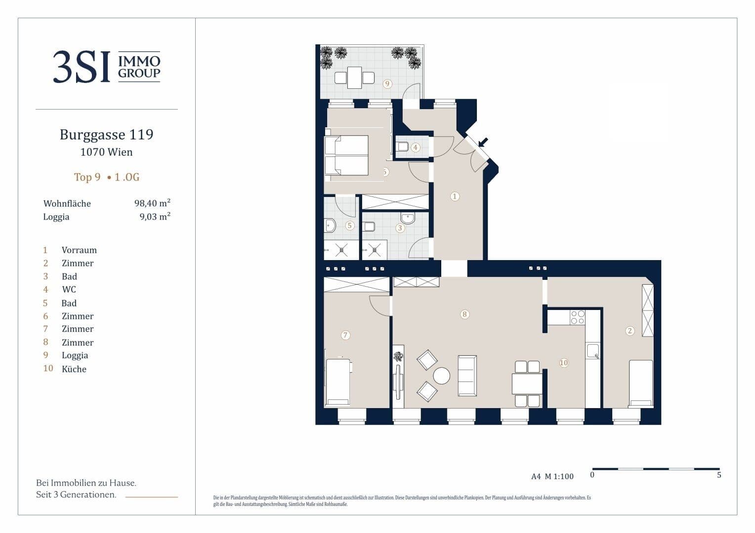 Grundriss Top 9 — Burggasse 119 — 4 Zimmer — 98,4 m² — 2nd floor — Loggia (9.03 m²), hofseitig, Ostbalkon