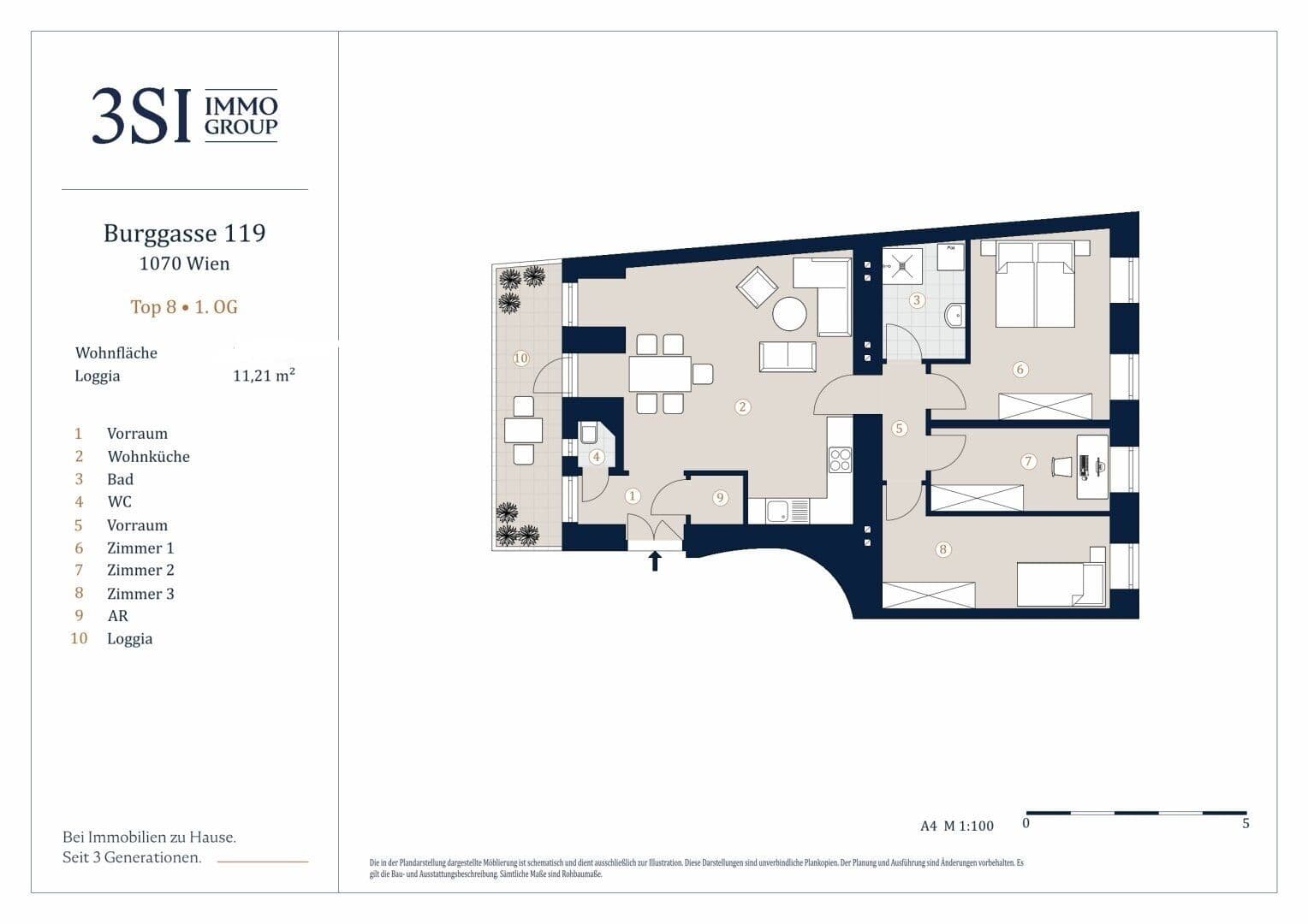 Grundriss Top 8 — Burggasse 119 — 4 Zimmer — 77,5 m² — 1st floor — Ostloggia (11.21 m²), hofseitig