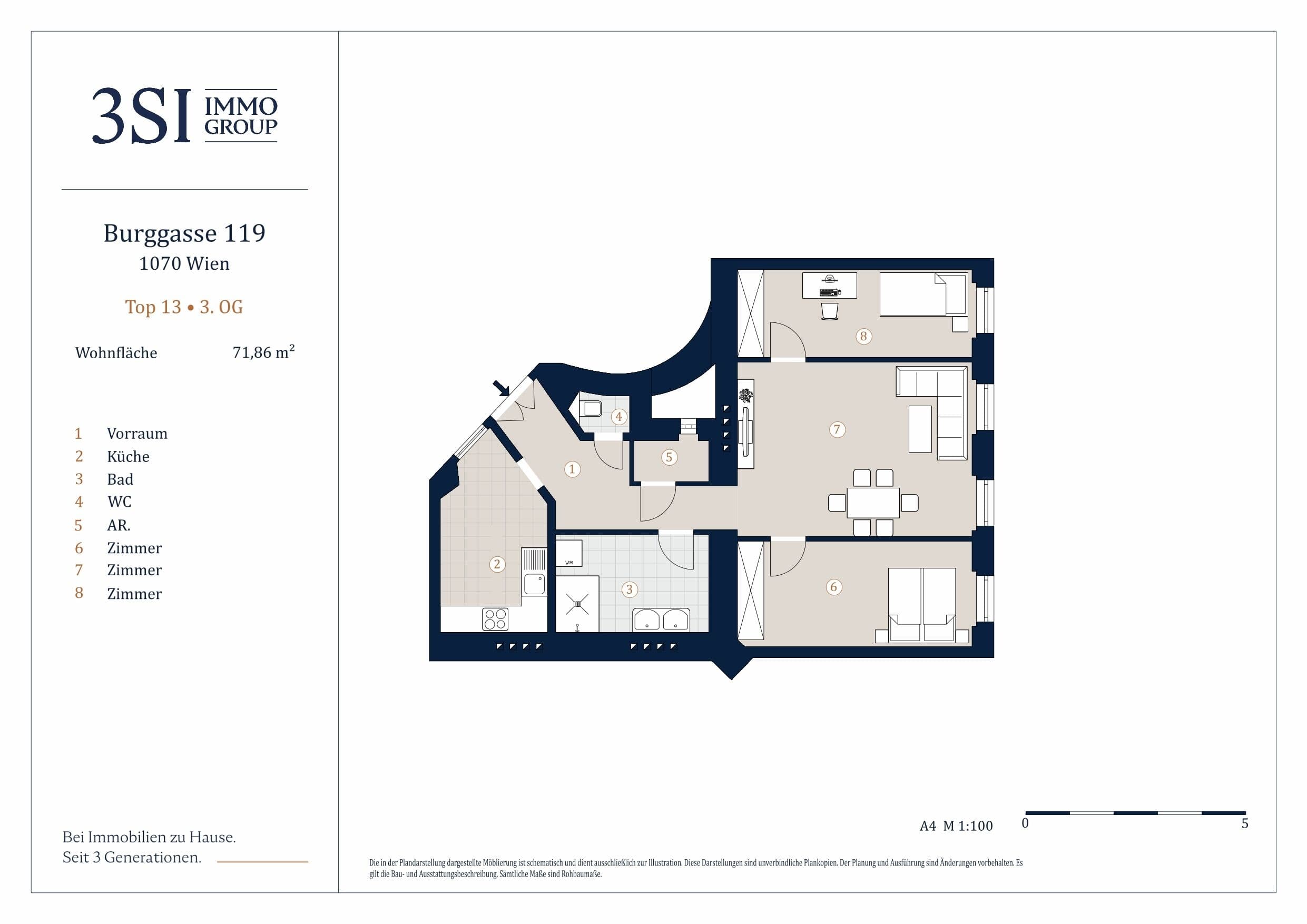 Grundriss Top 13 — Burggasse 119 — 3 Zimmer — 71,7 m² — 3rd floor — hofseitiger Balkon