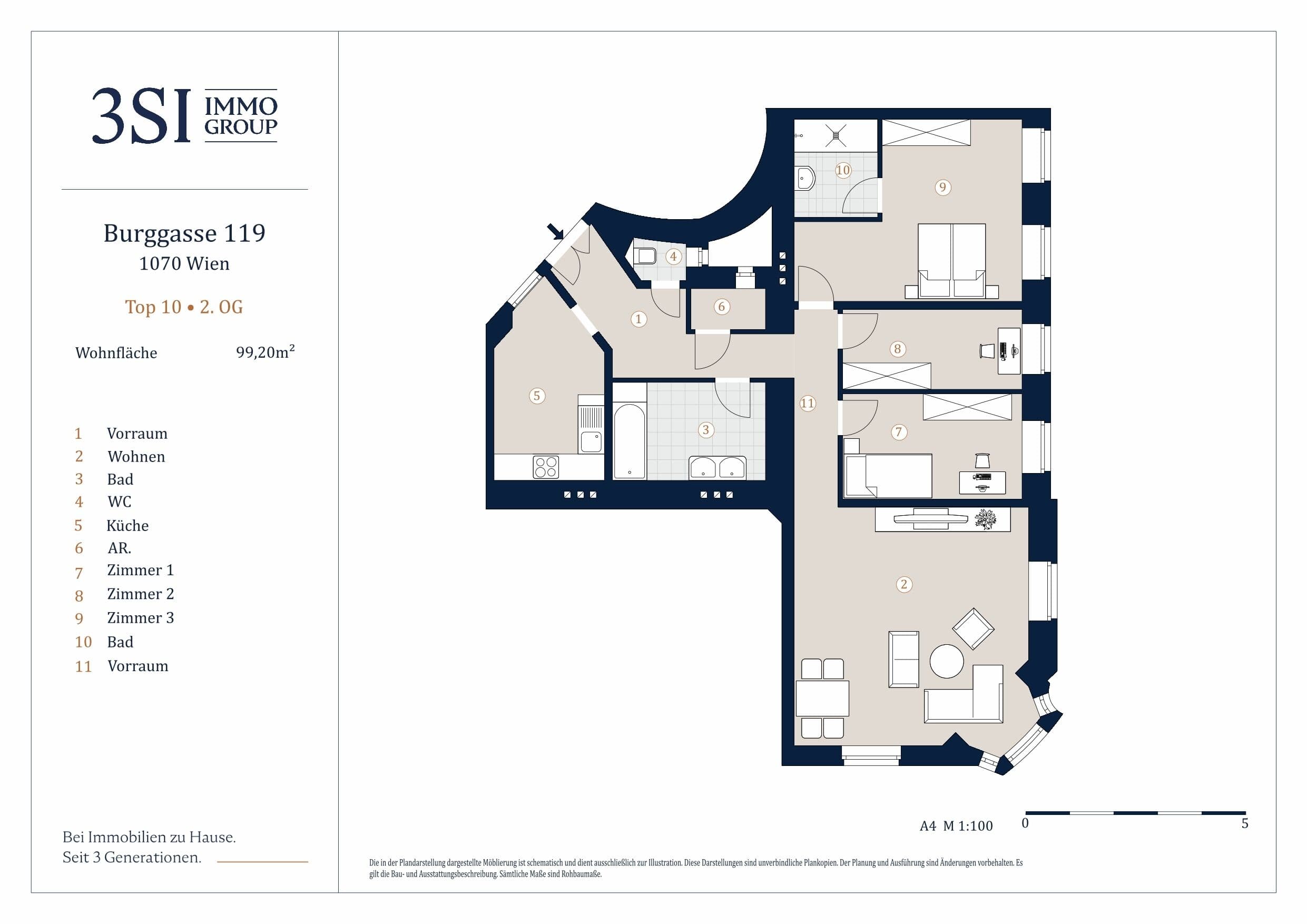 Grundriss Top 10 — Burggasse 119 — 4 Zimmer — 102,7 m² — 2nd floor — hofseitige Balkone