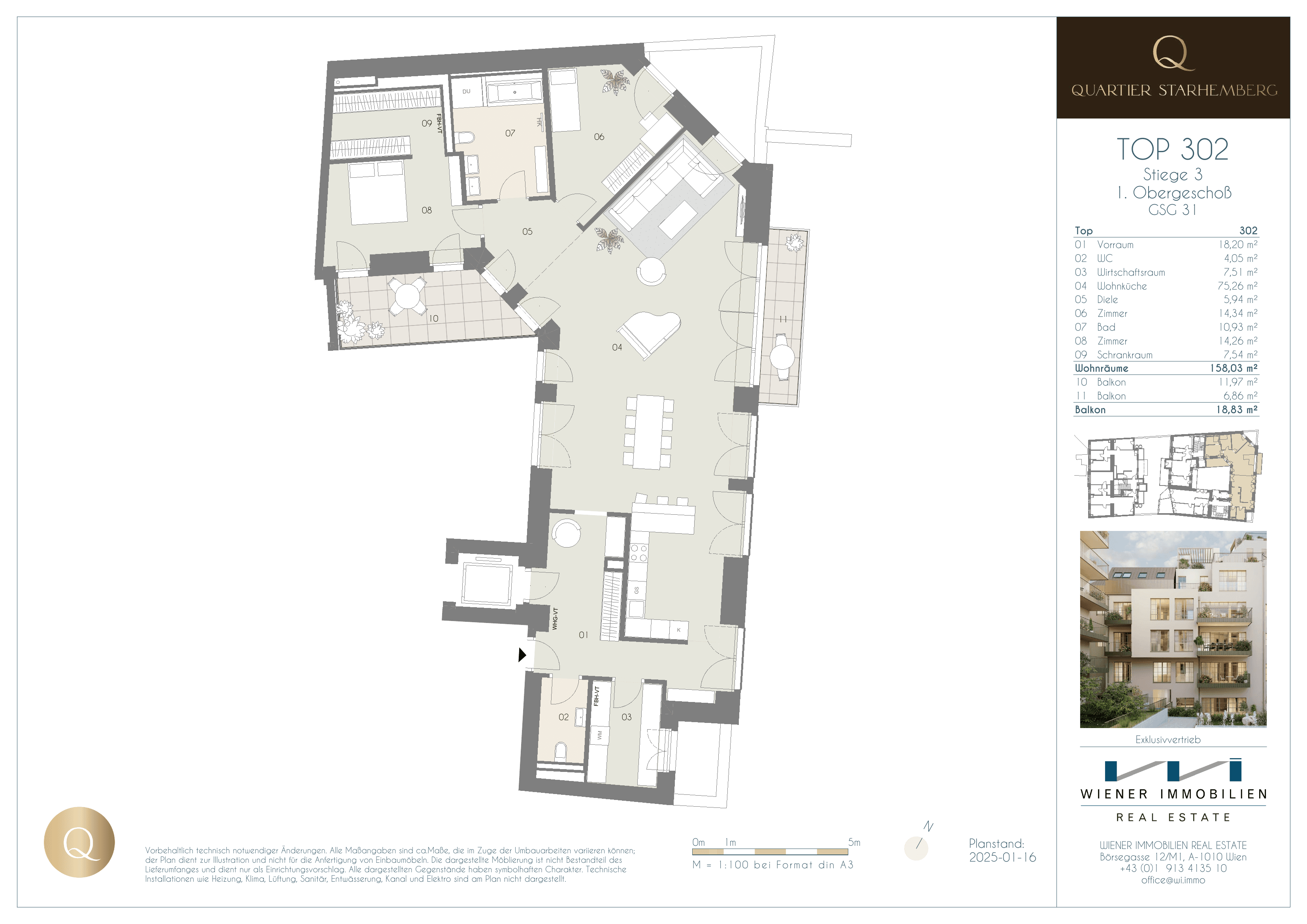 Grundriss Unit 302 — Chapeau 31 — 3 Zimmer — 158 m² — 1st floor — Grundriss 1/2