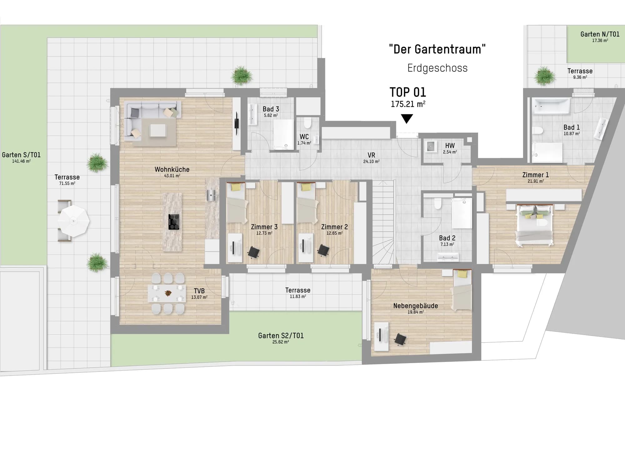Grundriss TOP 1 — Cherubinistraße 22 — 5 Zimmer — 175,2 m² — Ground floor — Der Gartentraum, 5-Zimmer-Eigentumswohnung mit Traumgarten, In unmittelbarer Umgebung zur oberen Alten Donau mit zahlreichen Freizeitmöglichkeiten, Ganz in der Nähe der U-Bahnlinie U1, Station Kagran, Hebe-/Schiebetür vom Wohnbereich zum riesigen Süd-West-Garten samt Terrasse, Zusätzliche Nutzfläche im Keller - mit Zugang von Garage und der Wohnung, 1 Badezimmer en suite mit Badewanne, Dusche und WC, 2 weitere Badezimmer, 1 WC extra, Extra Wirtschaftsraum mit Waschmaschinenanschluss, Maßgefertigte Küche in Tischlerqualität mit kompletter Markengeräte-Ausstattung, Schlüsselfertig, Kurzfristig beziehbar, Erstbezug, Sonnendurchflutet durch große Glasflächen, Exklusive Ausstattung, Auf Eigengrund, Effizientes Heiz- und Kühlsystem mit Wärmepumpe, Provisionsfrei - direkt vom Bauträger