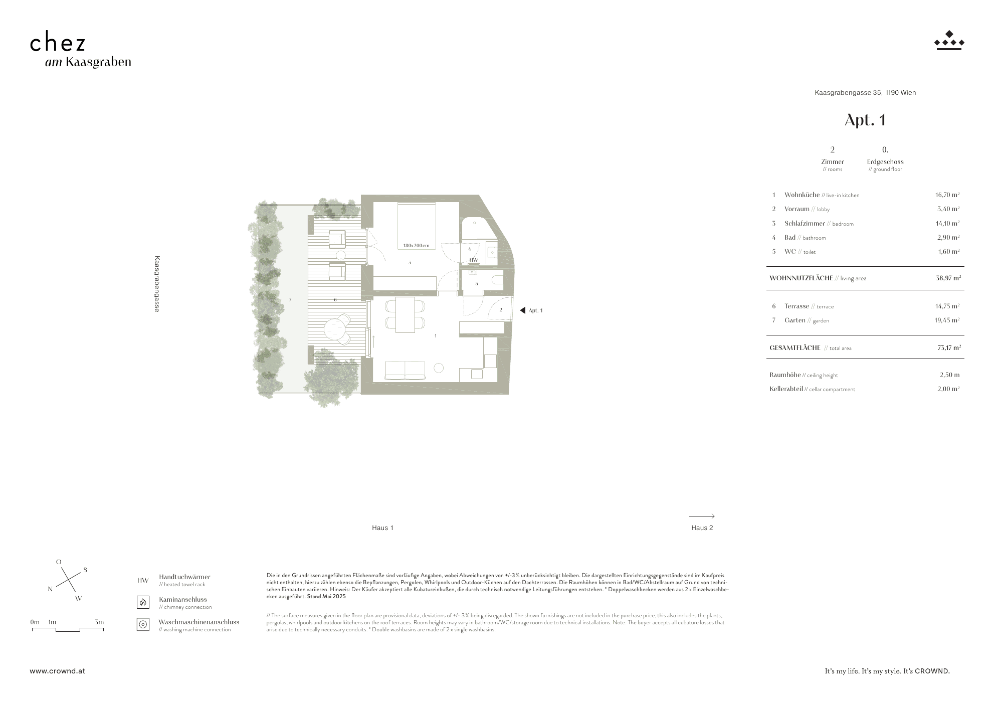 Grundriss Top 1.1 — CHEZ — 2 Zimmer — 39 m² — Ground floor — garden, terrace