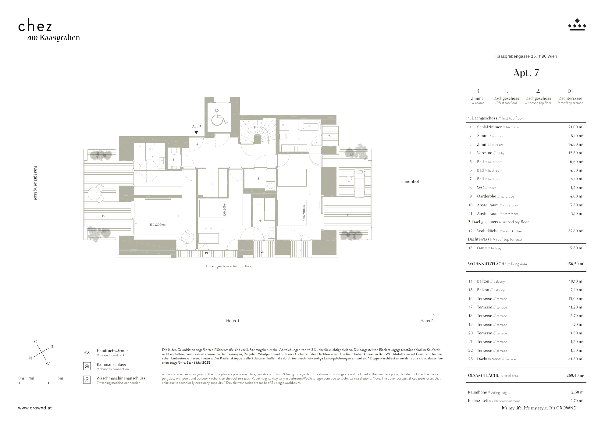 Grundriss Top 1.7 — CHEZ — 4 Zimmer — 156,5 m² — 1st attic floor / 2nd attic floor / Attic floor — terrace, balcony, roof garden