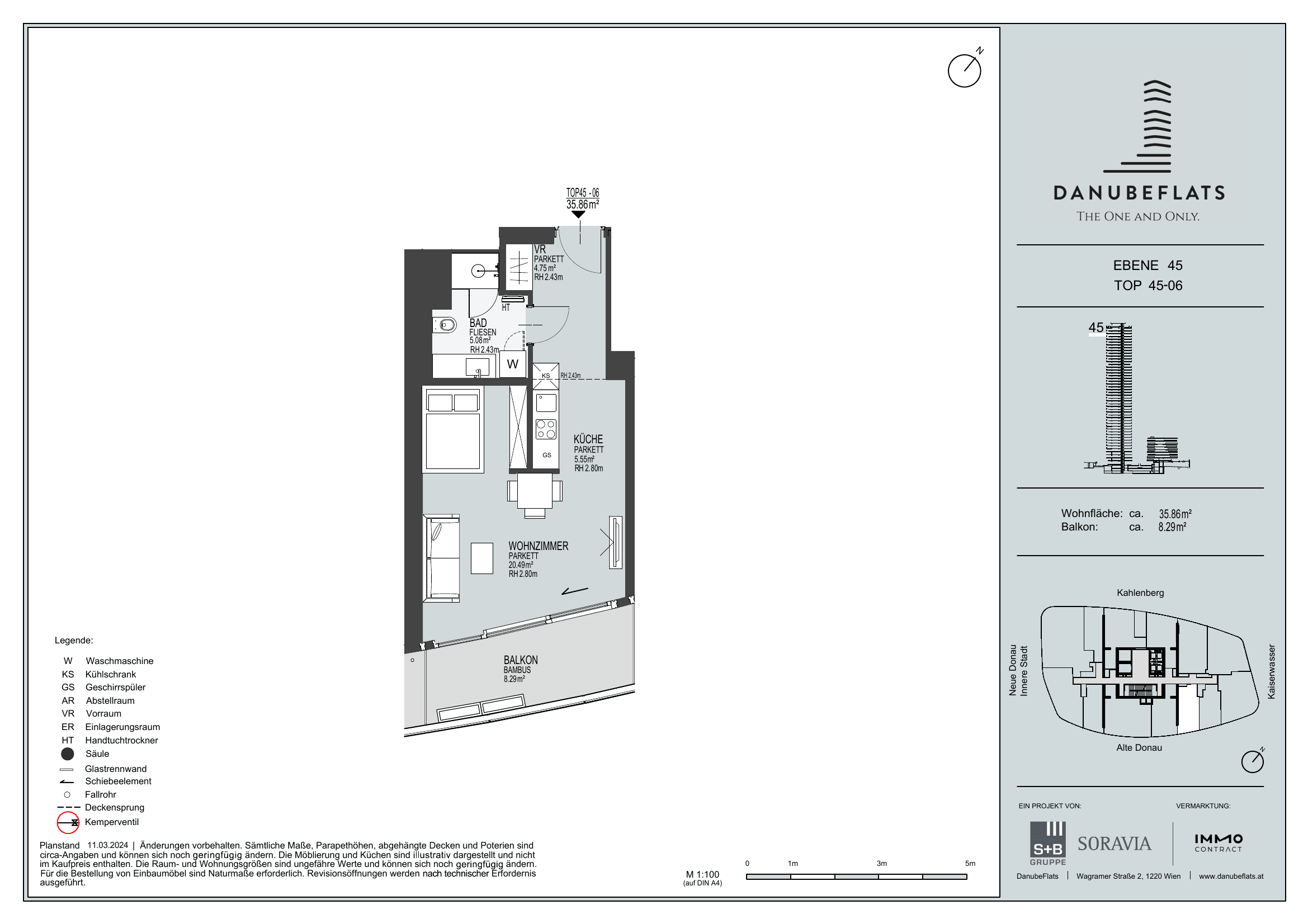 Grundriss Top 45-06 — Danube Flats — 1 Zimmer — 35,9 m² — 45th floor — Alte Donau