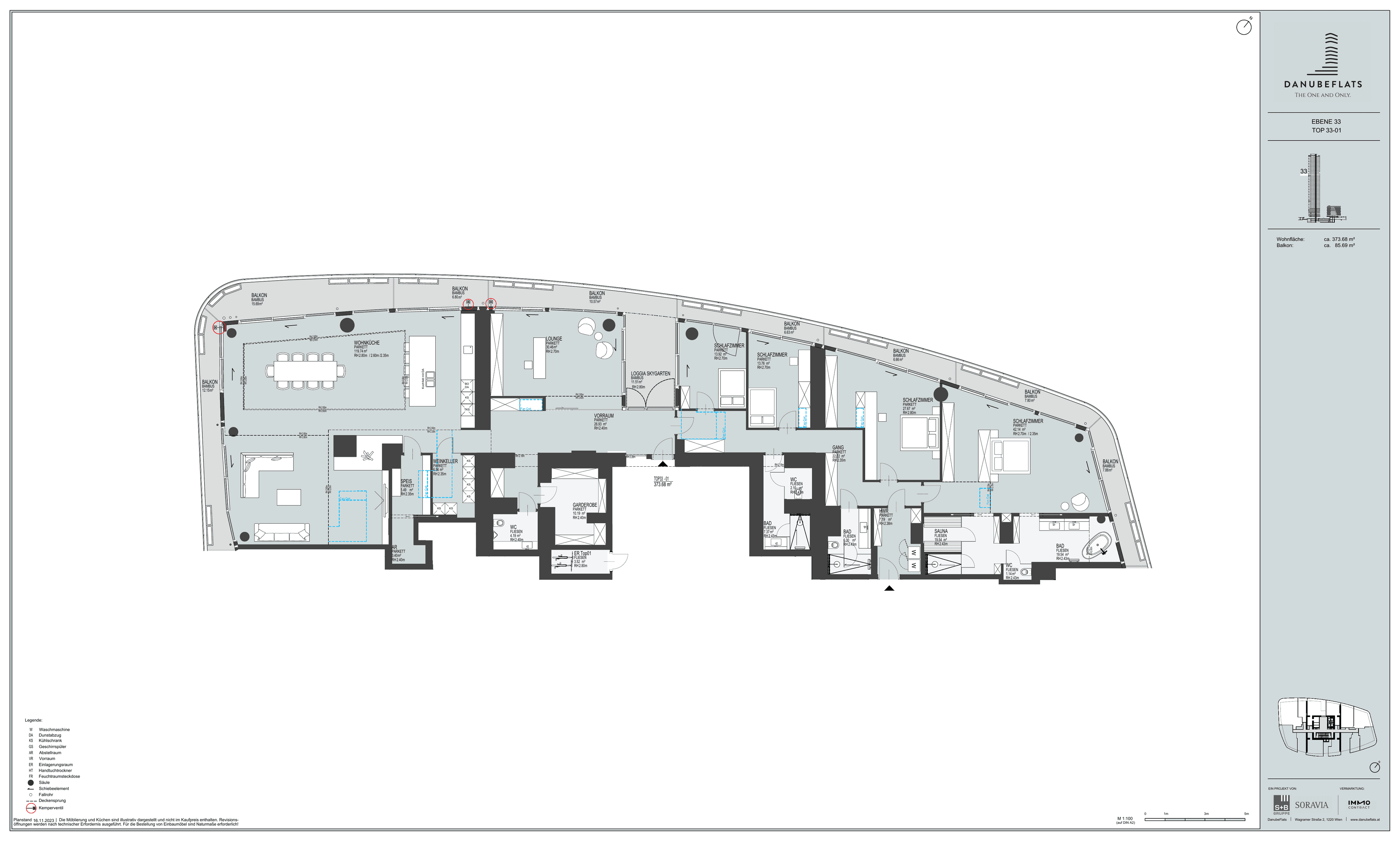 Grundriss Top 33-01 — Danube Flats — 6 Zimmer — 373,7 m² — 33rd floor — Kahlenberg, Kaiserwasser, Innere Stadt