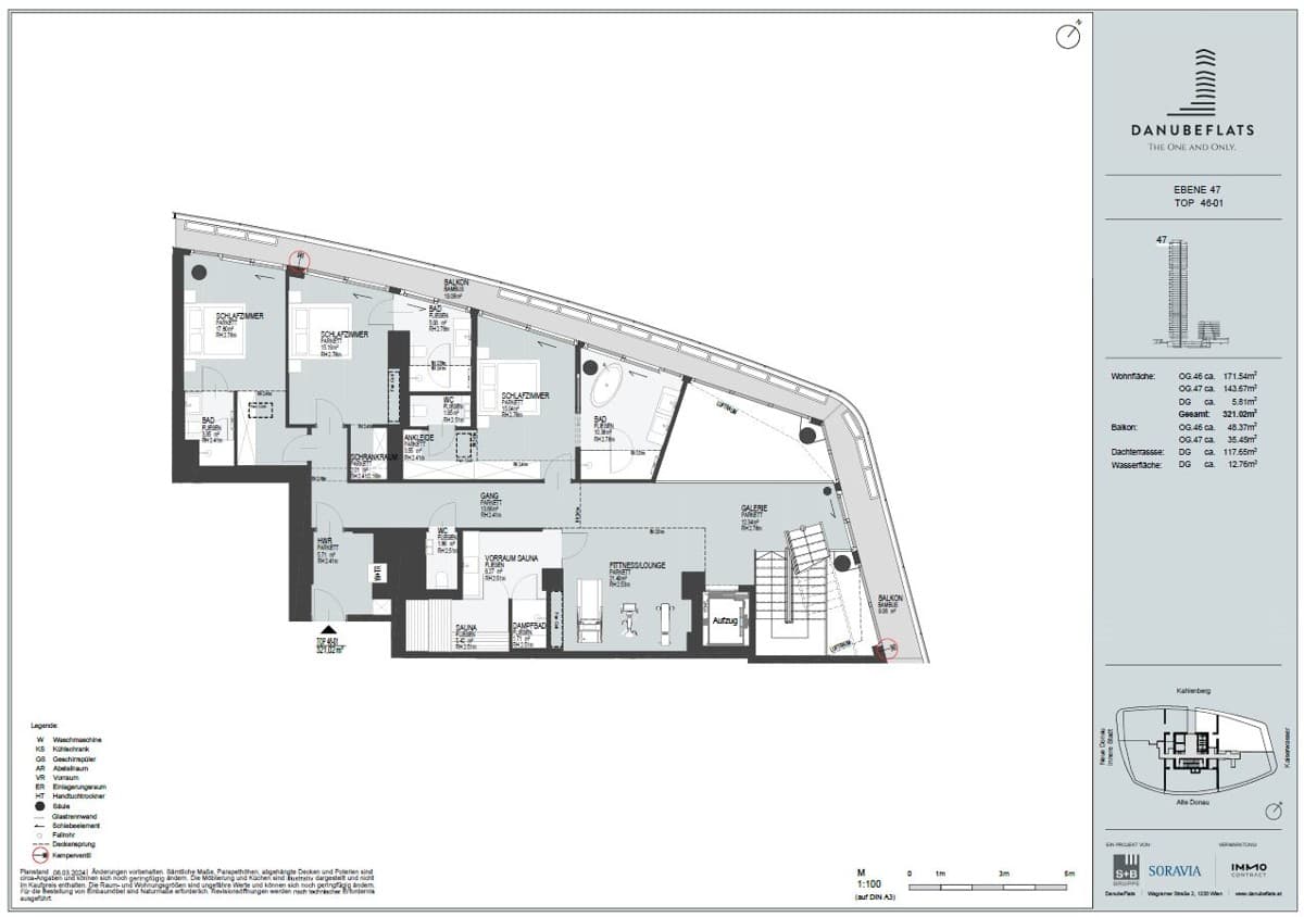 Grundriss Top 46-01 — Danube Flats — 5.5 Zimmer — 321 m² — 46th attic floor / 47th attic floor — Kahlenberg, Kaiserwasser — Grundriss 3/3