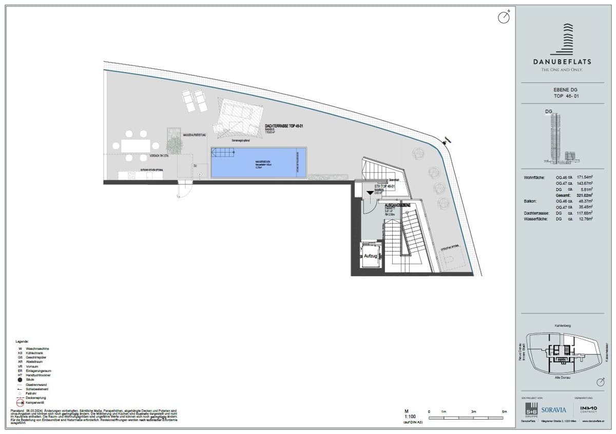 Grundriss Top 46-01 — Danube Flats — 5.5 Zimmer — 321 m² — 46th attic floor / 47th attic floor — Kahlenberg, Kaiserwasser — Grundriss 2/3