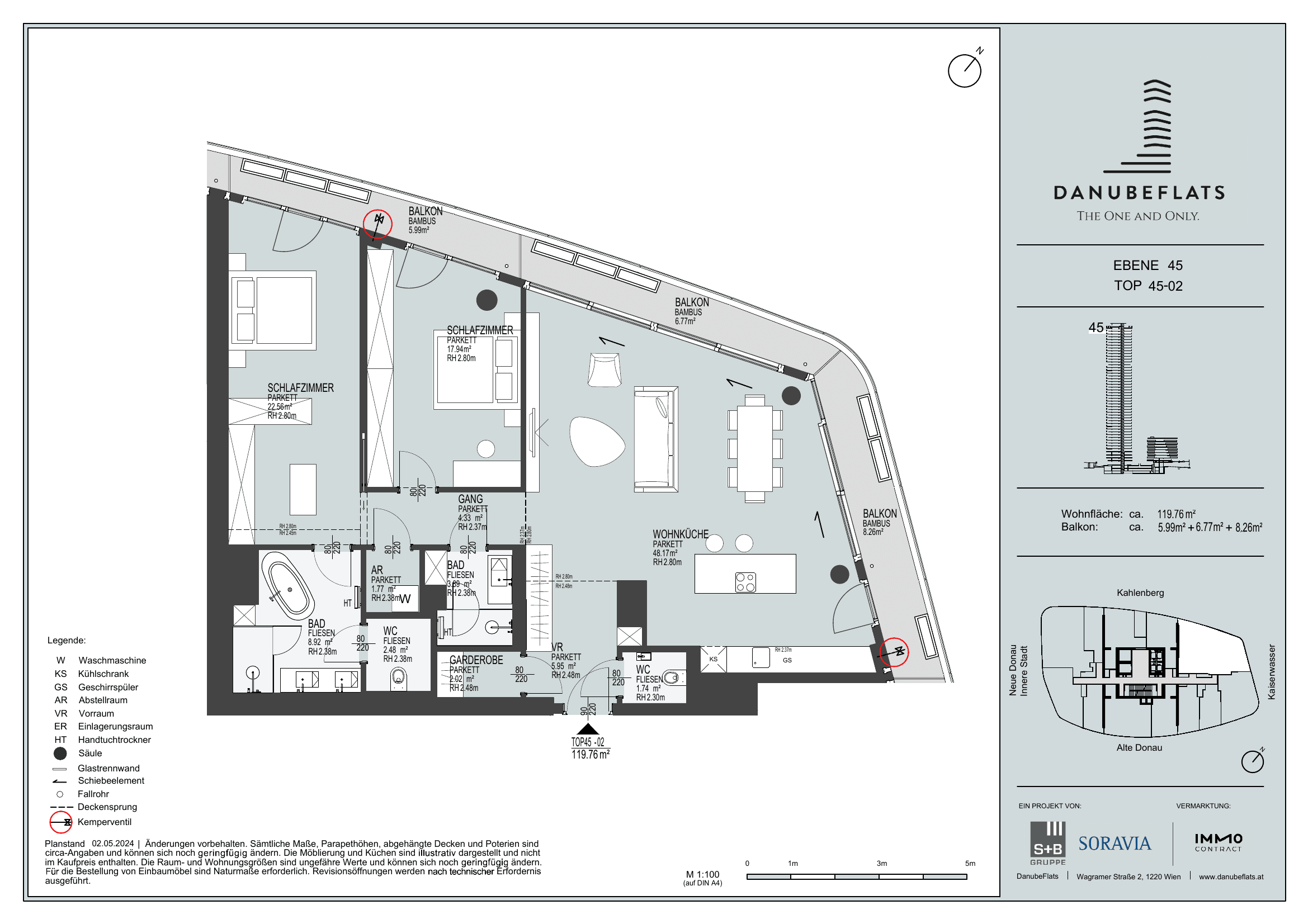 Grundriss Top 45-02 — Danube Flats — 3 Zimmer — 119,9 m² — 45th floor — Kahlenberg