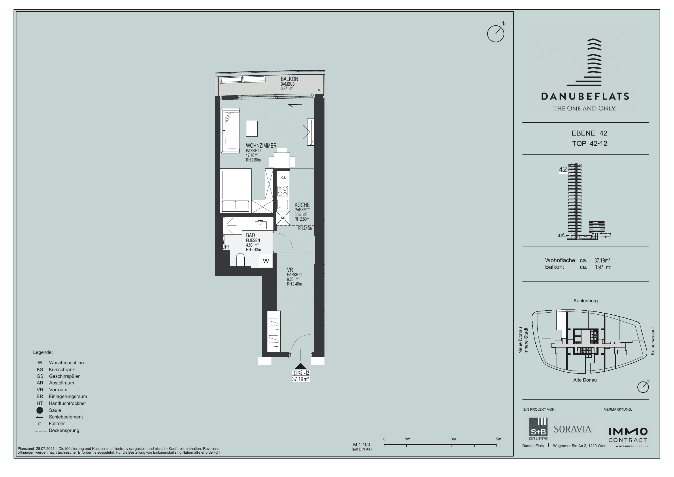Grundriss Top 42-12 — Danube Flats — 1 Zimmer — 37,2 m² — 42nd floor — Kahlenberg
