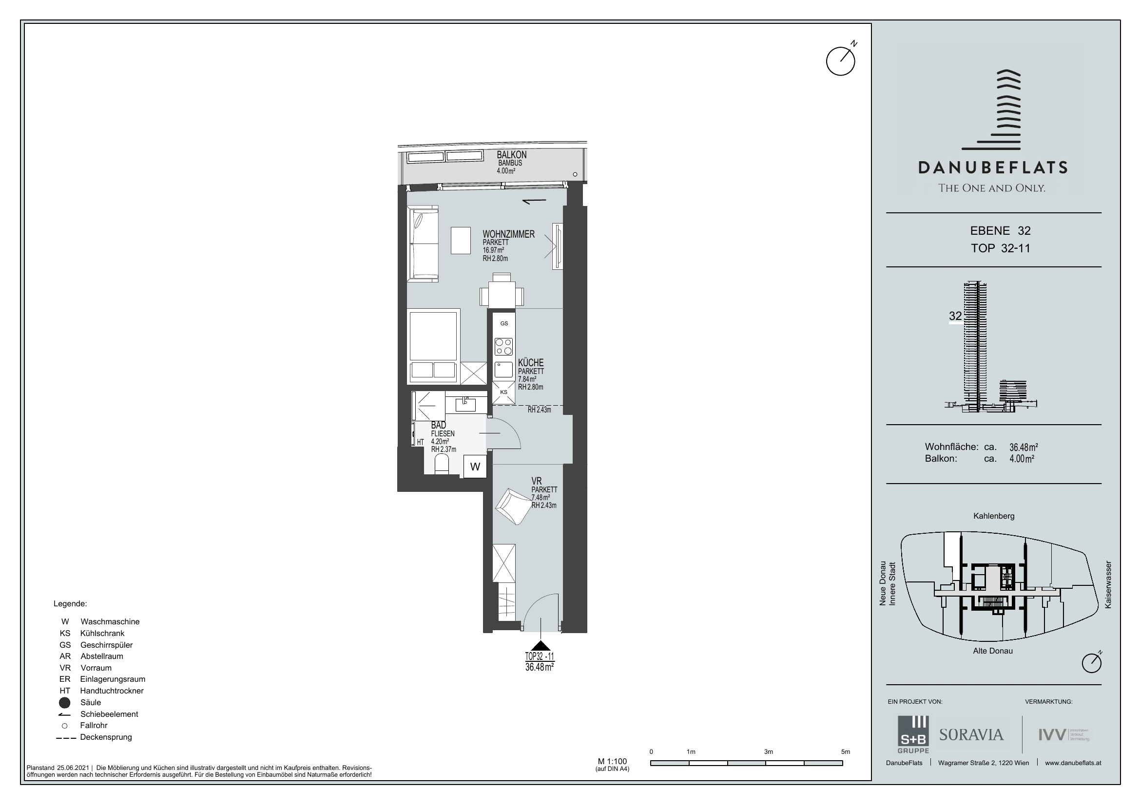 Grundriss Top 32-11 — Danube Flats — 1 Zimmer — 36,5 m² — 32nd floor — Kahlenberg