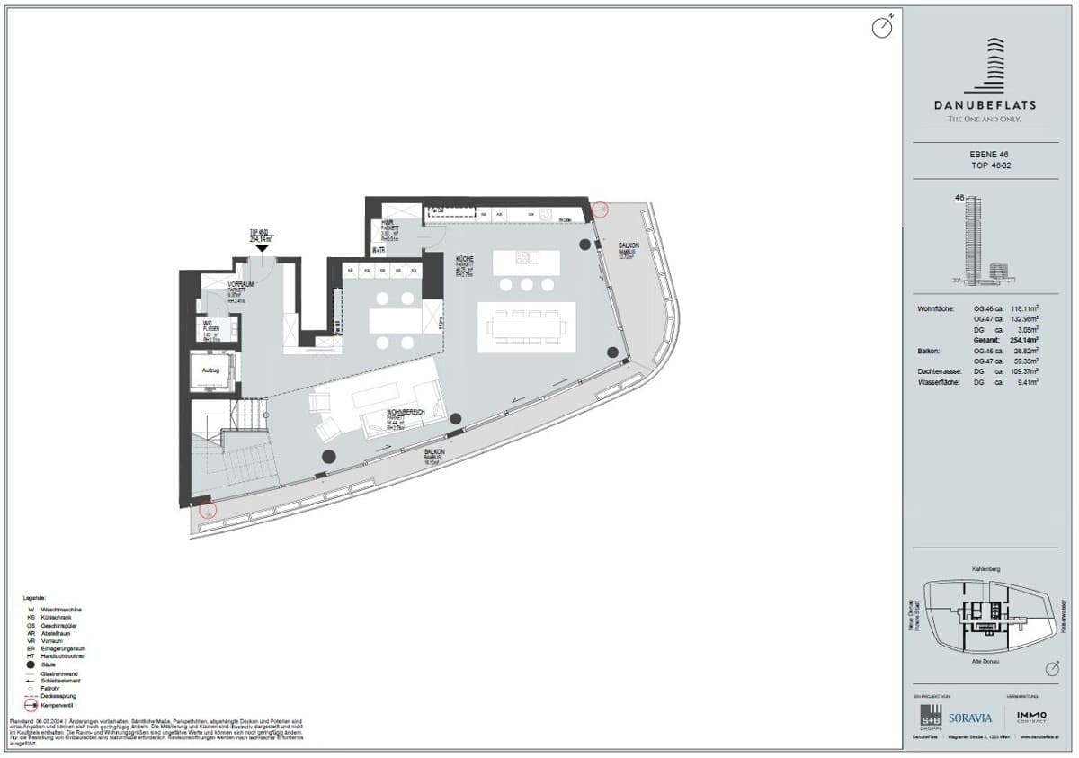 Grundriss Top 46-02 — Danube Flats — 4.5 Zimmer — 254,1 m² — 46th attic floor / 47th attic floor — Alte Donau, Kaiserwasser — Grundriss 2/3