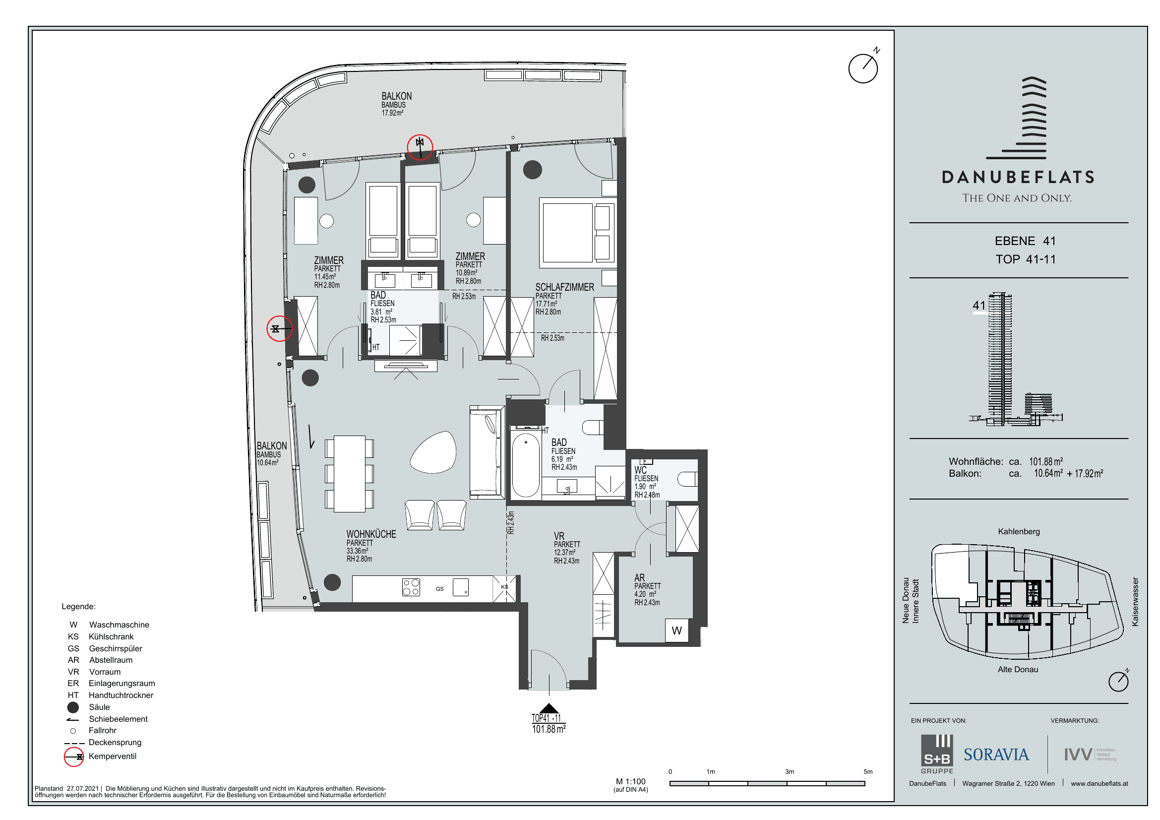 Grundriss Top 41-11 — Danube Flats — 4 Zimmer — 101,9 m² — 41st floor — Innere Stadt, Kahlenberg