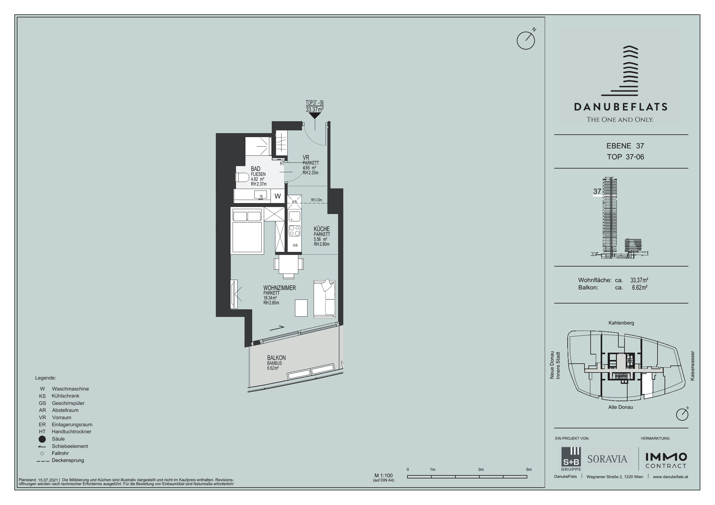 Grundriss Top 37-06 — Danube Flats — 1 Zimmer — 33,4 m² — 37th floor — Alte Donau