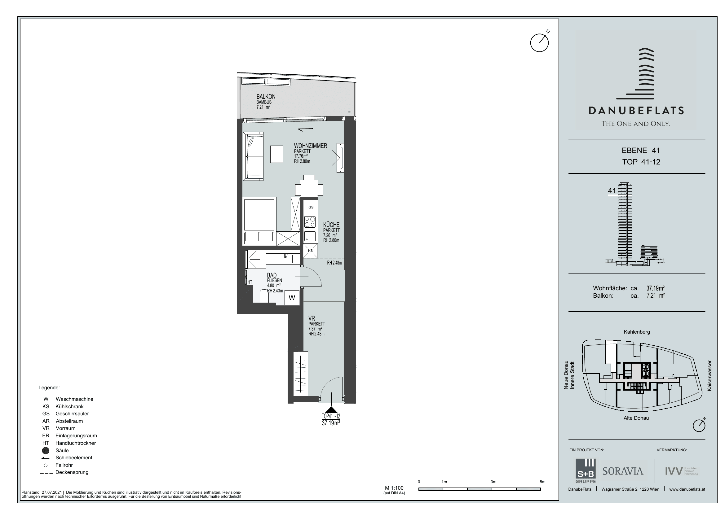 Grundriss Top 41-12 — Danube Flats — 1 Zimmer — 37,2 m² — 41st floor — Kahlenberg