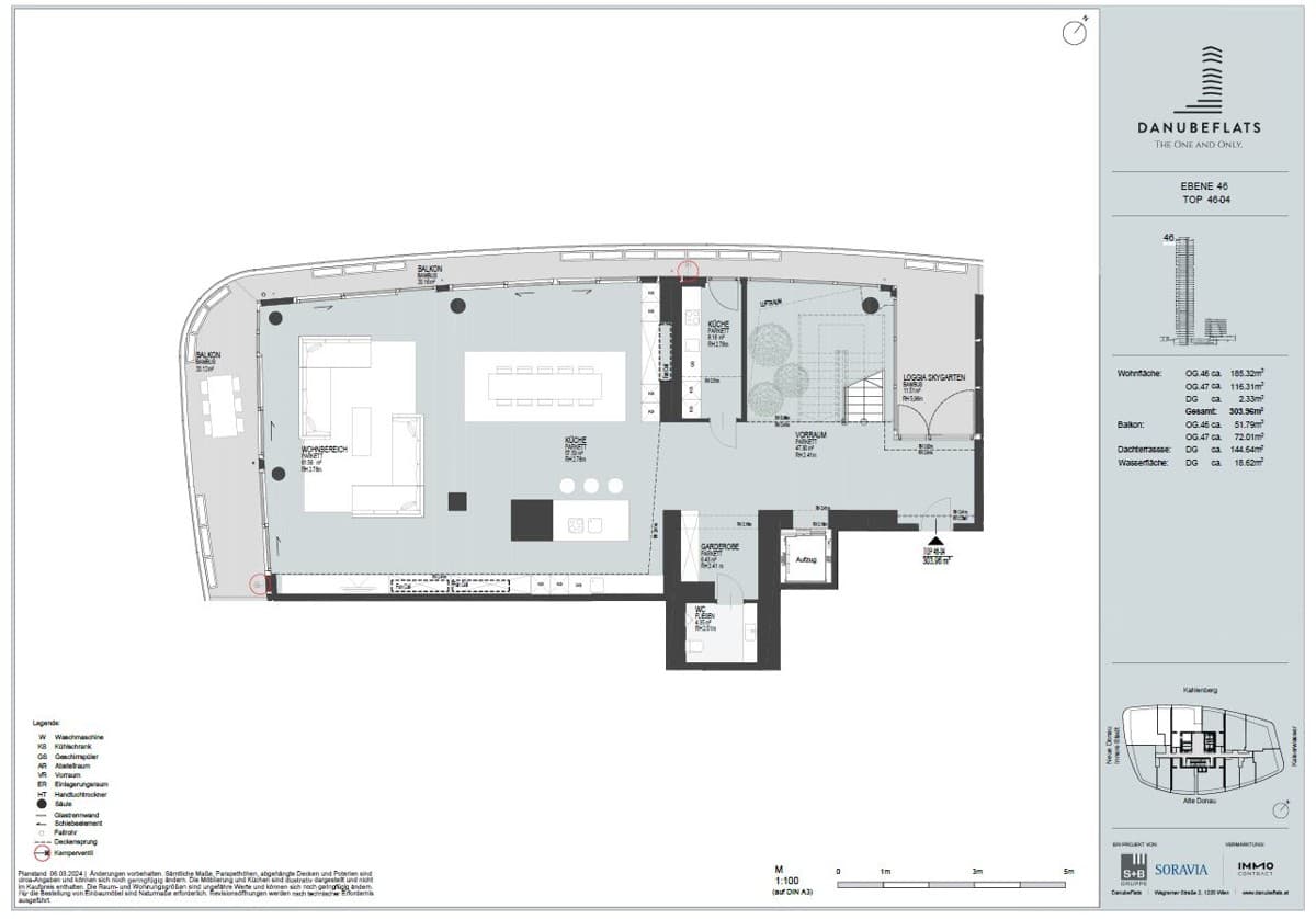 Grundriss Top 46-04 — Danube Flats — 4.5 Zimmer — 304 m² — 46th attic floor / 47th attic floor — Innere Stadt, Kahlenberg — Grundriss 3/3