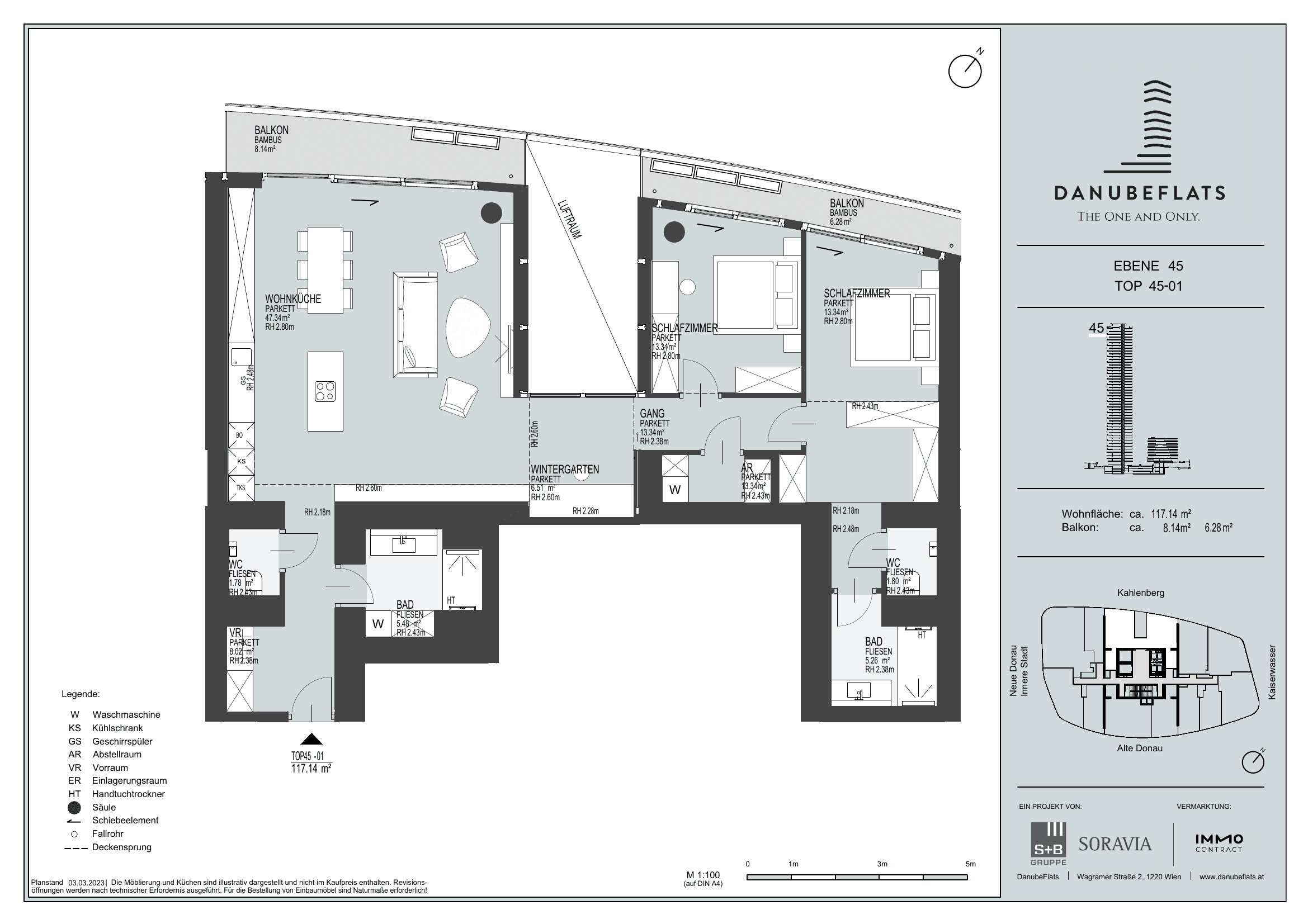 Grundriss Top 45-01 — Danube Flats — 3 Zimmer — 117,1 m² — 45th floor — Kahlenberg