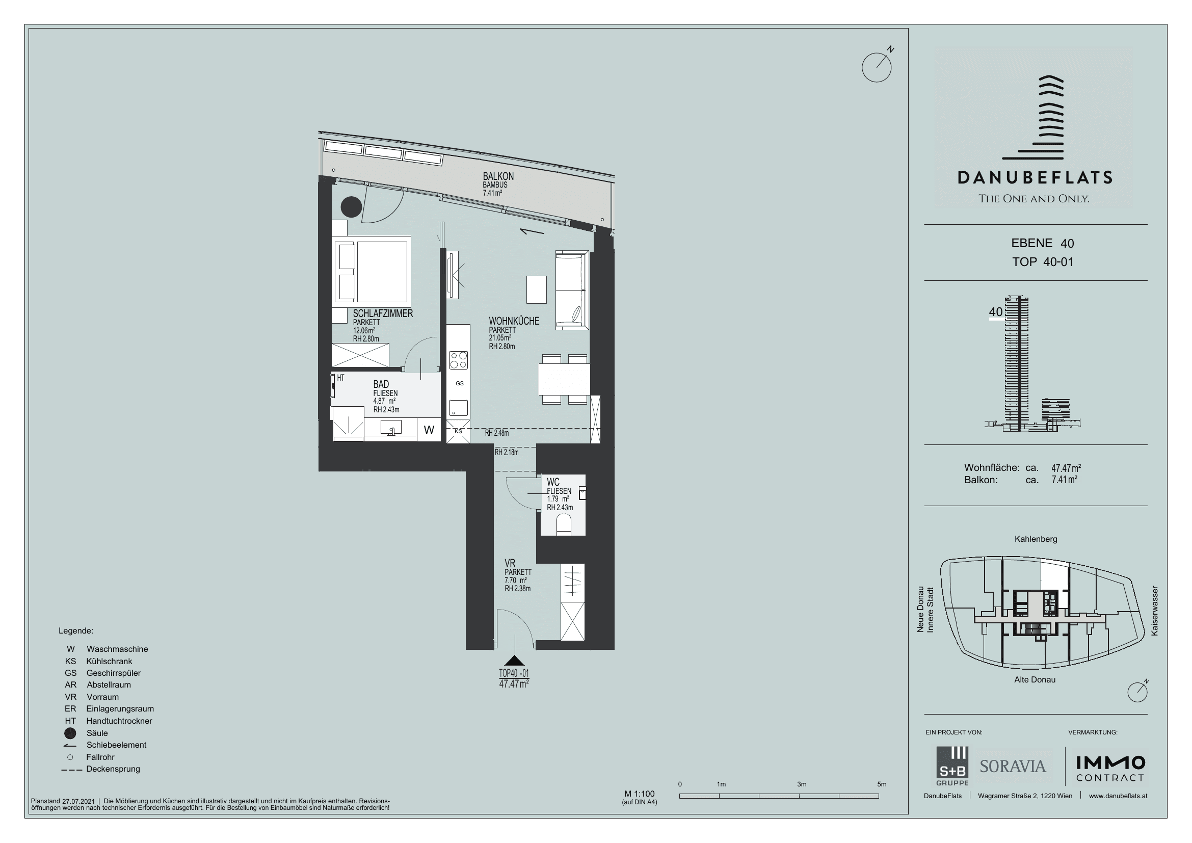 Grundriss Top 40-01 — Danube Flats — 2 Zimmer — 47,5 m² — 40th floor — Kahlenberg