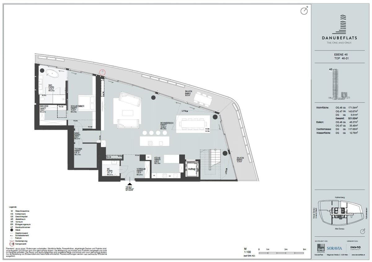 Grundriss Top 46-01 — Danube Flats — 5.5 Zimmer — 321 m² — 46th attic floor / 47th attic floor — Kahlenberg, Kaiserwasser — Grundriss 1/3