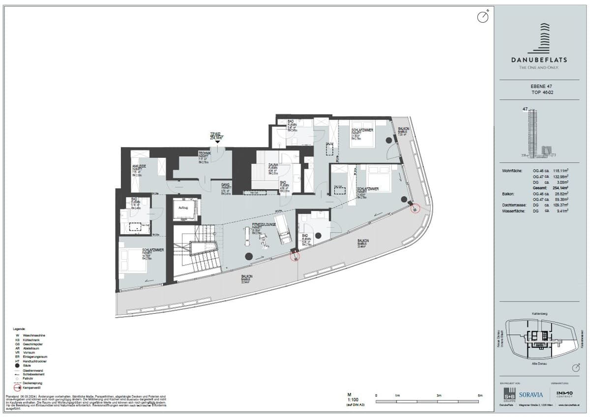 Grundriss Top 46-02 — Danube Flats — 4.5 Zimmer — 254,1 m² — 46th attic floor / 47th attic floor — Alte Donau, Kaiserwasser — Grundriss 1/3