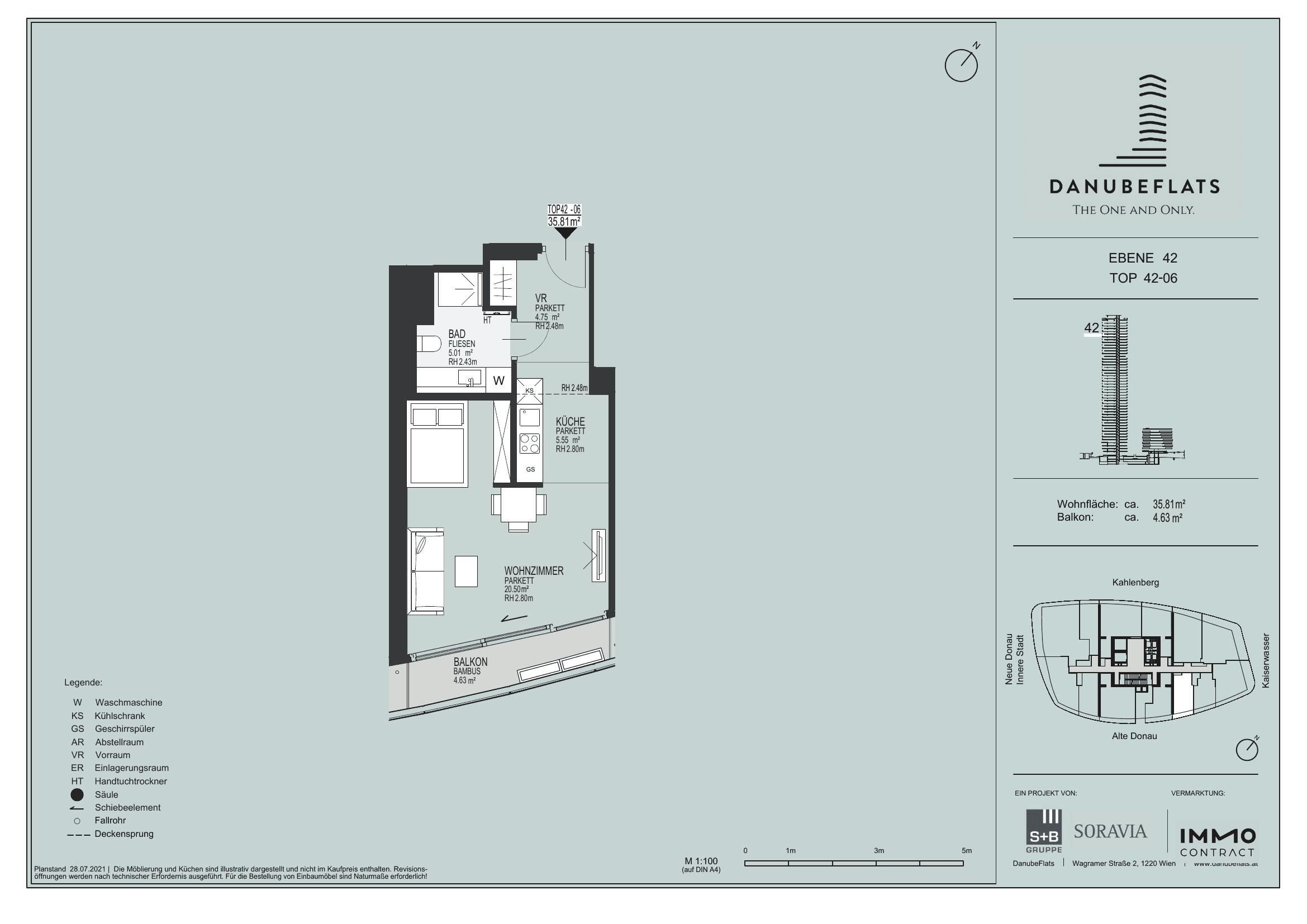 Grundriss Top 42-06 — Danube Flats — 1 Zimmer — 35,8 m² — 42nd floor — Alte Donau