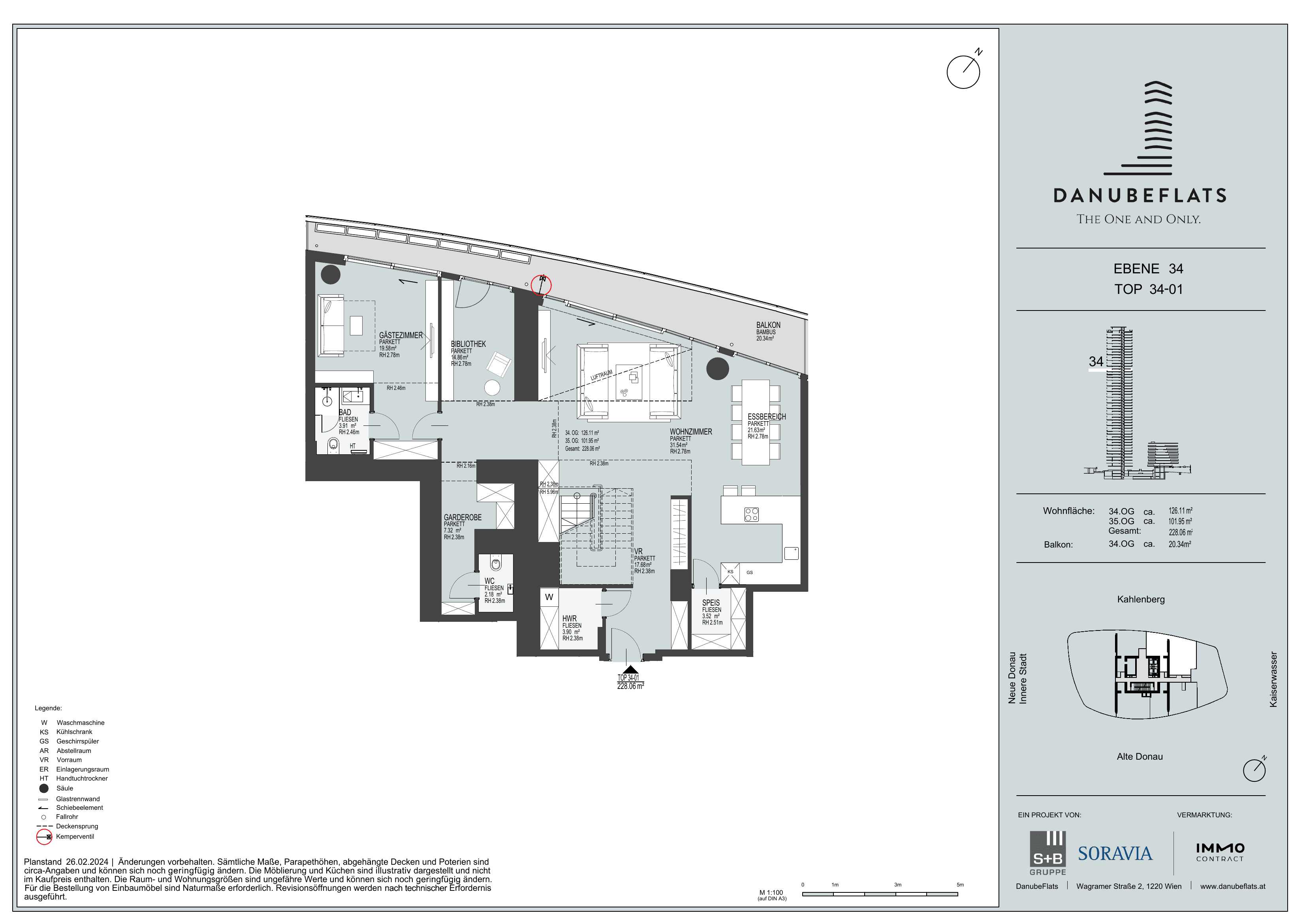 Grundriss Top 34-01 — Danube Flats — 5.5 Zimmer — 228,1 m² — 34th floor / 35th floor — Kahlenberg