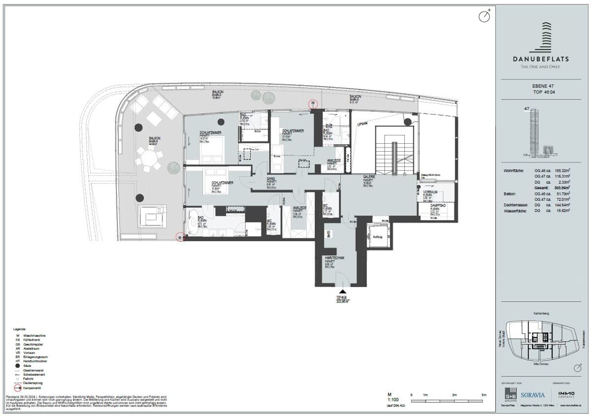Grundriss Top 46-04 — Danube Flats — 4.5 Zimmer — 304 m² — 46th attic floor / 47th attic floor — Innere Stadt, Kahlenberg — Grundriss 1/3