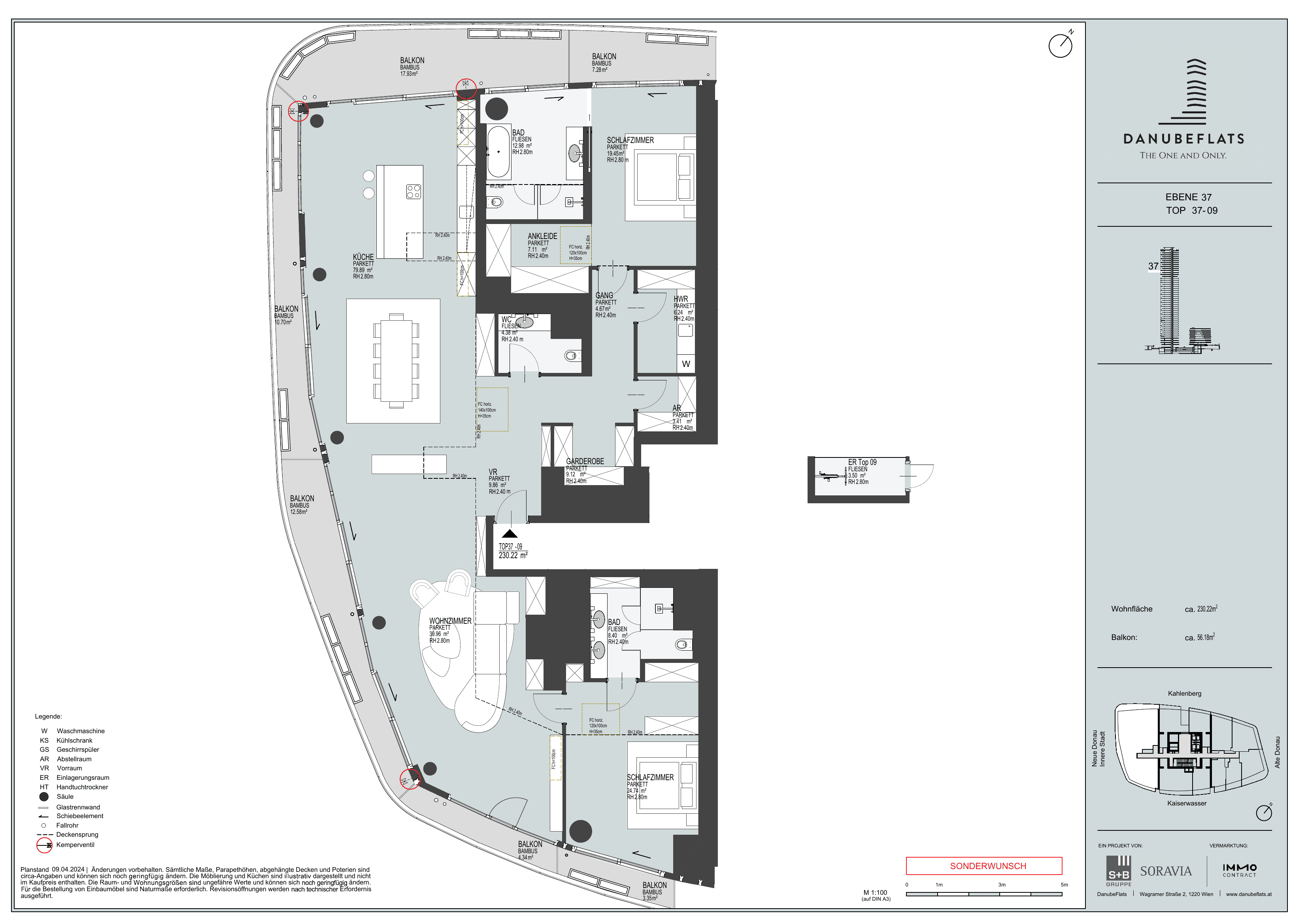 Grundriss Top 37-09 — Danube Flats — 3 Zimmer — 230,2 m² — 37th floor — Alte Donau