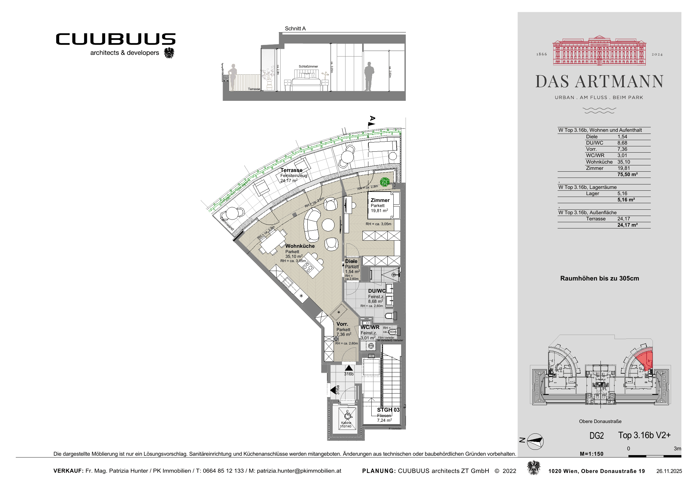 Grundriss Top 3.16b V2+ — Das Artmann — 2 Zimmer — 75 m² — 2nd attic floor
